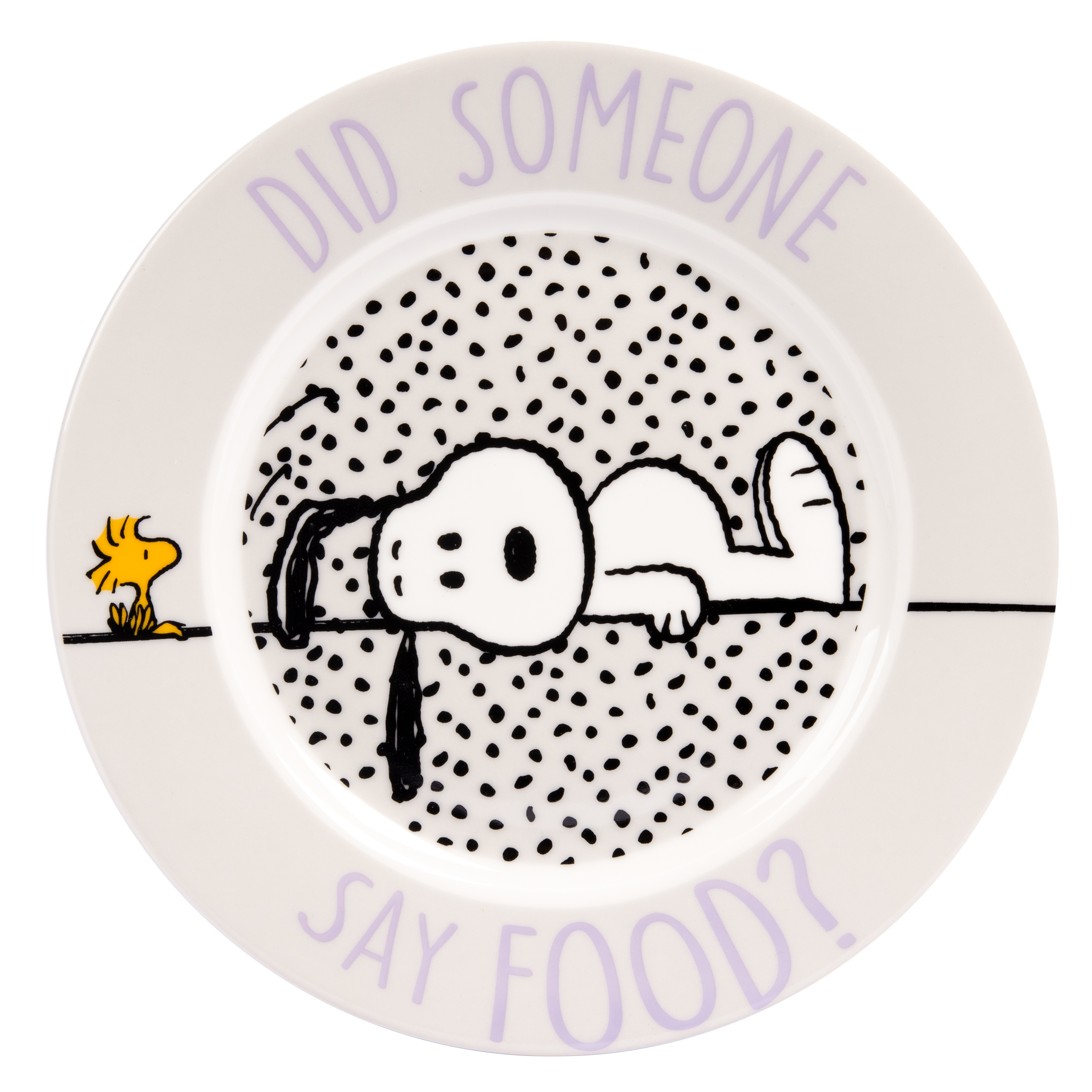 Ein Teller mit Snoopy, Woodstock und dem Text: Hat jemand Essen gesagt?