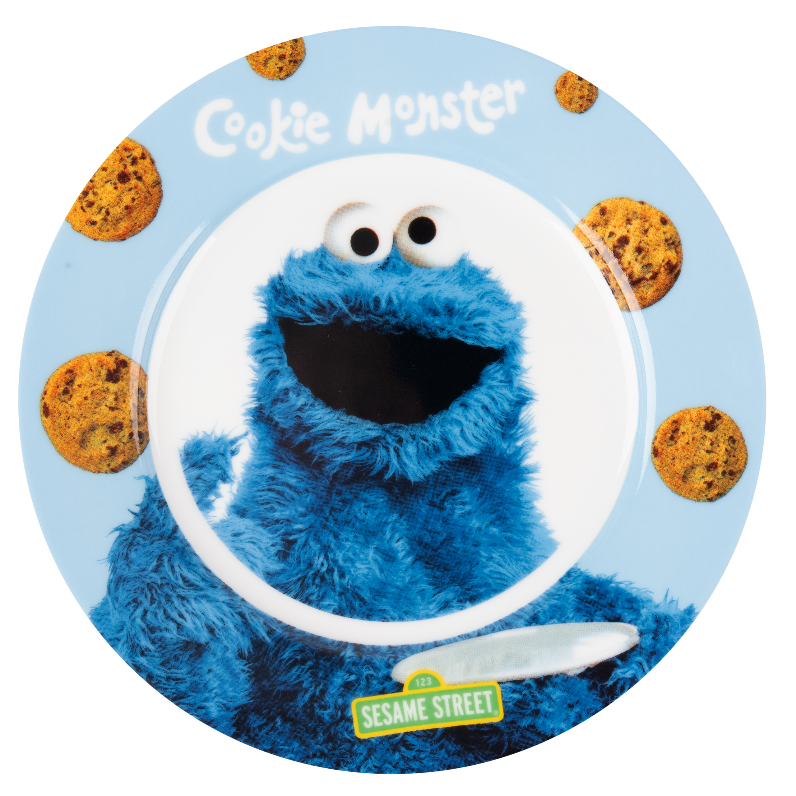 Krümelmonster-Teller mit Keksen am Rand und Sesame Street-Logo.
