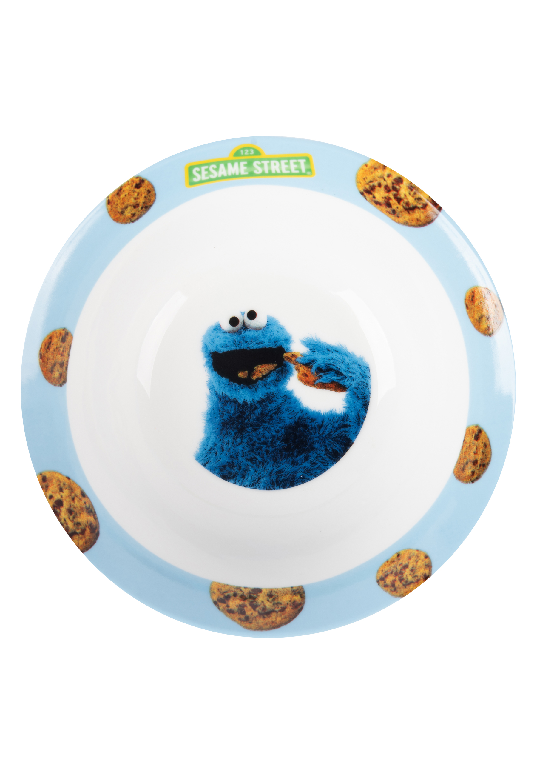 Eine Sesamstraßen-Schüssel mit Krümelmonster. Sie hat Kekse am Rand und einen blauen Hintergrund.