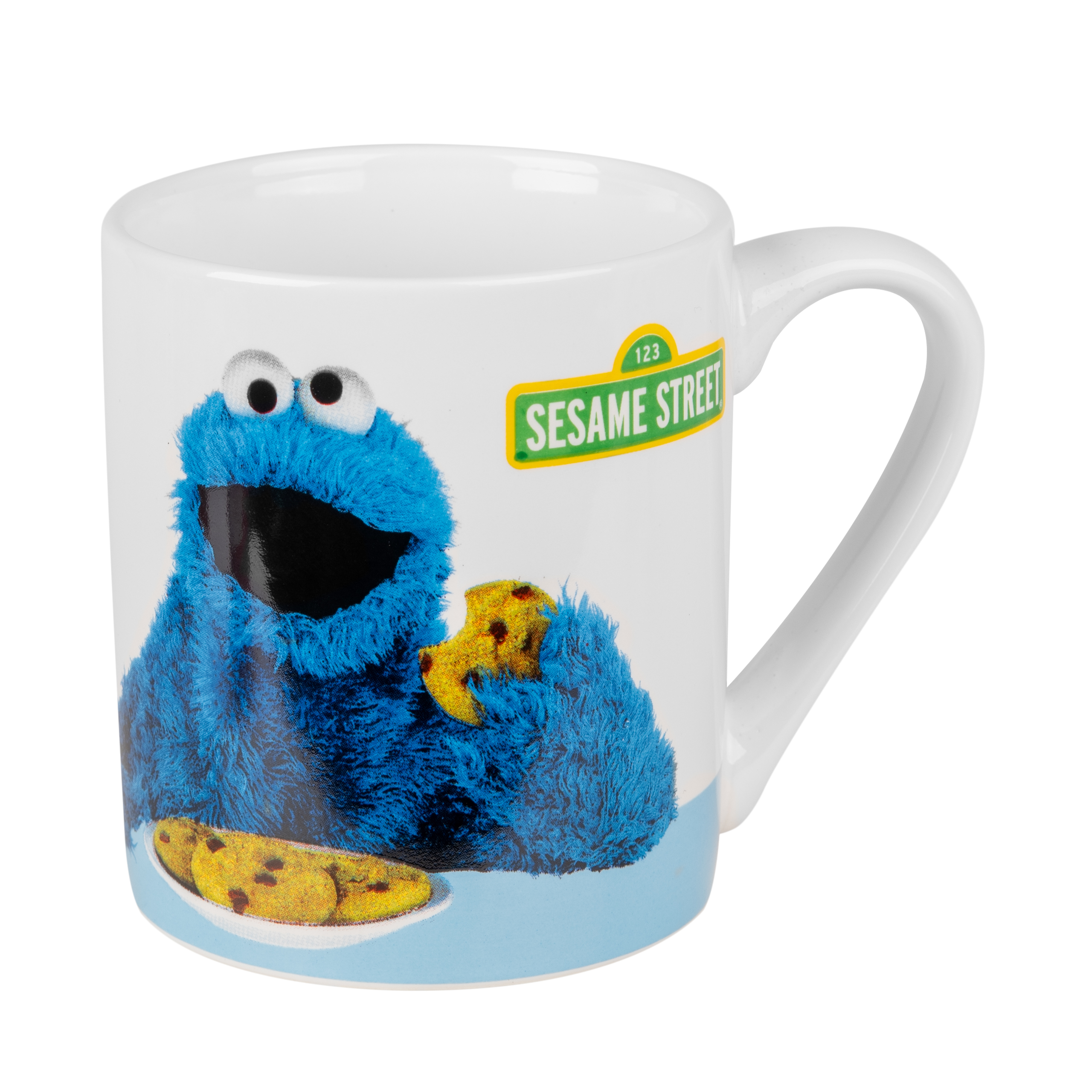 Weiße Tasse mit Krümelmonster, das einen Keks hält. Das Sesame Street-Logo ist ebenfalls aufgedruckt.
