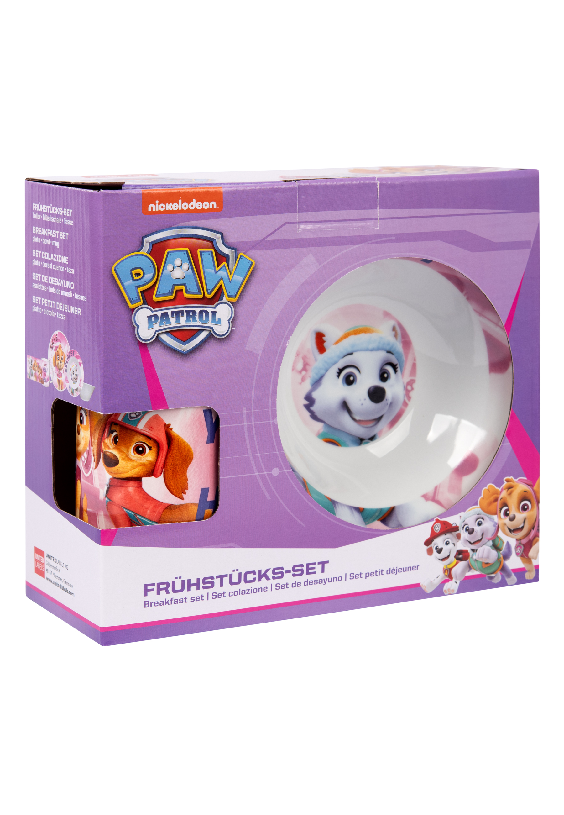 Eine lila Box mit Paw Patrol-Figuren, einer Tasse und einer Schüssel, für ein Frühstücksset.