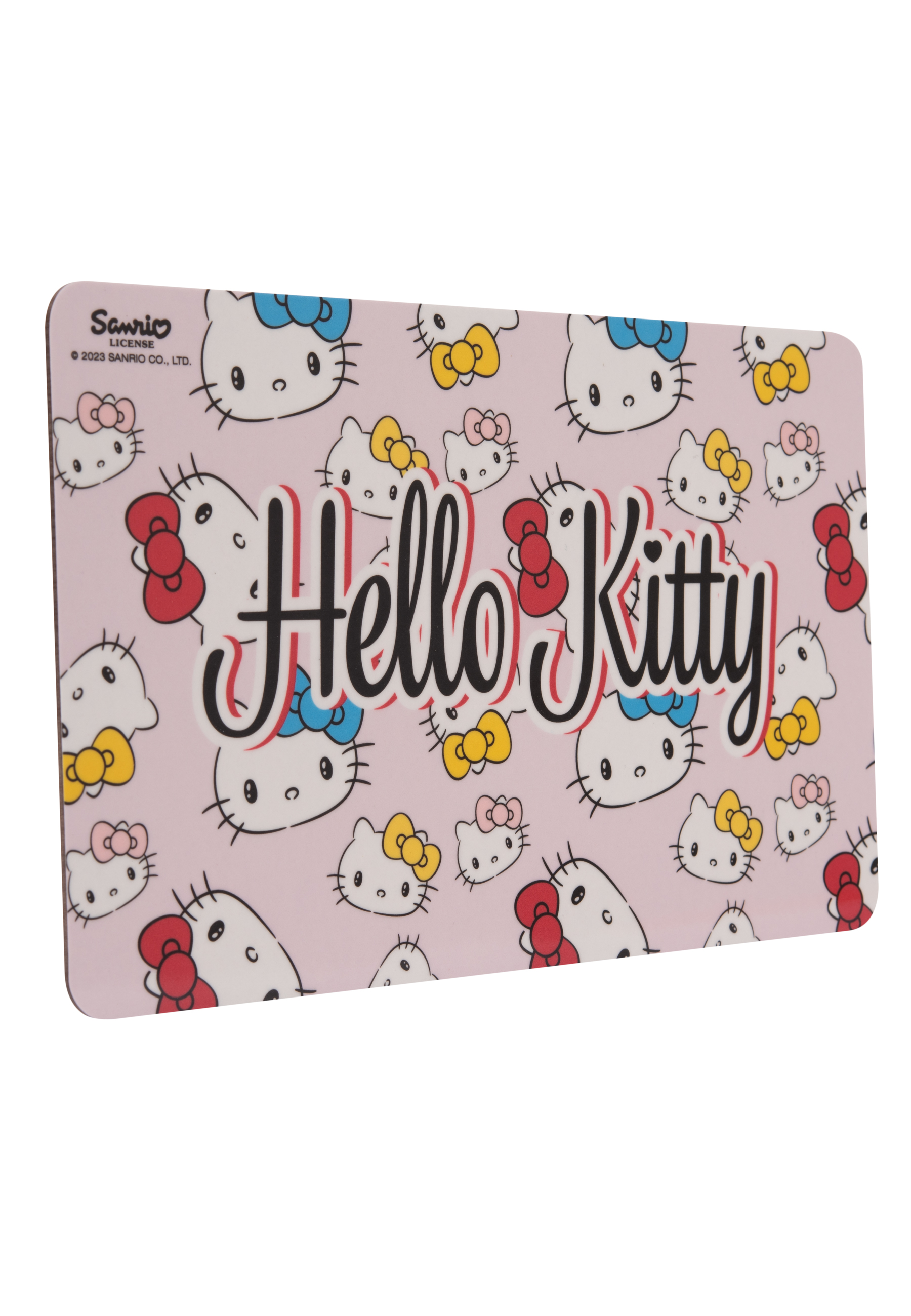 Hello Kitty-Mauspad mit sich wiederholenden Gesichtsmustern und dem Text 'Hello Kitty'.