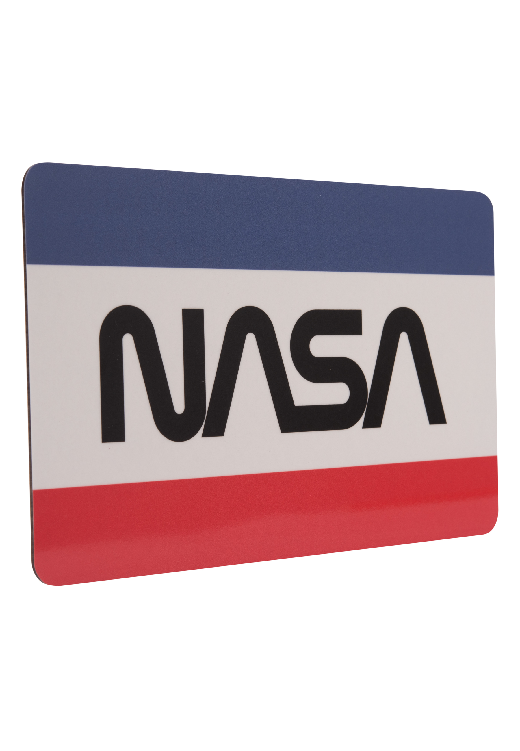 NASA-Logo auf einem weißen Rechteck mit blauen und roten Streifen.