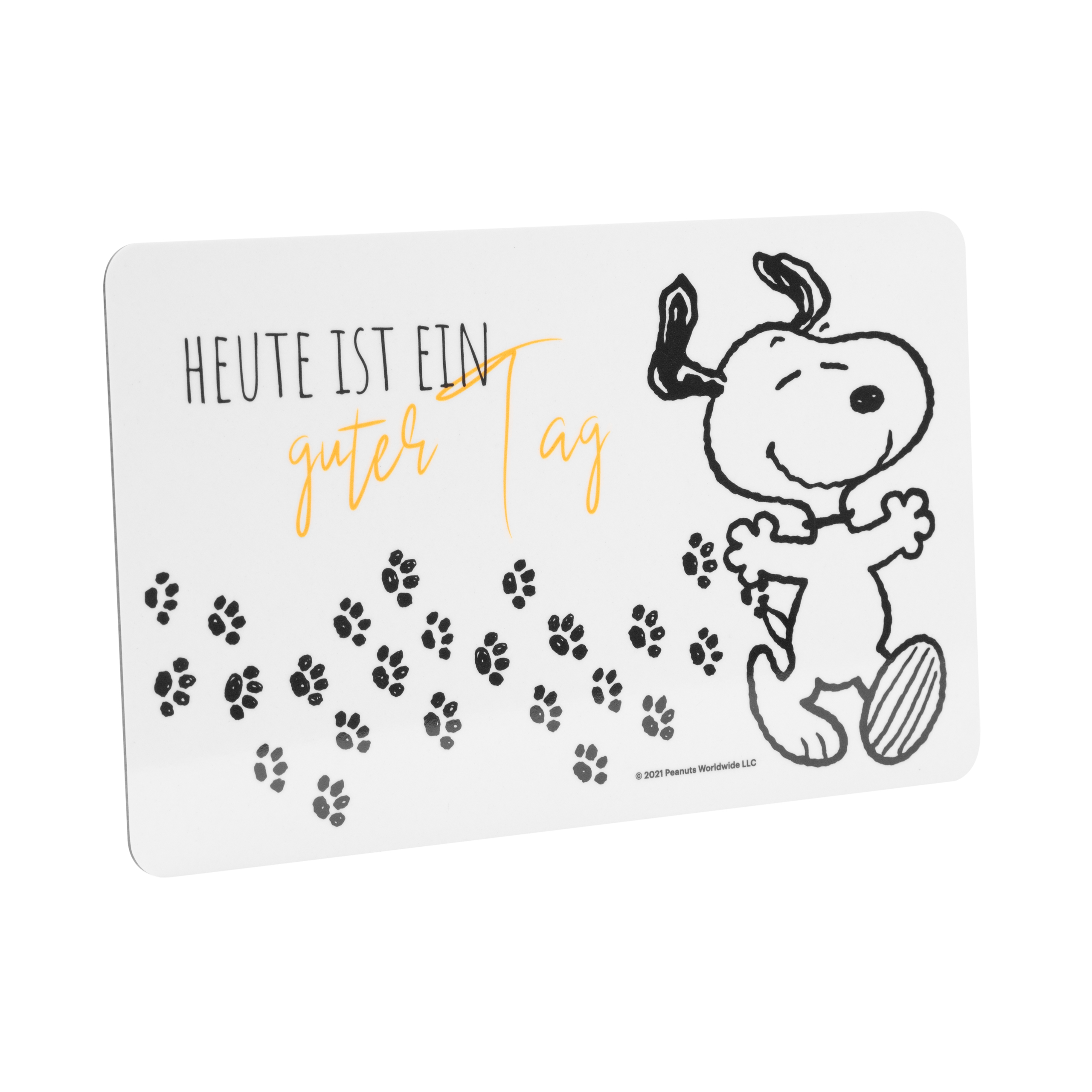 Weißer Tischset mit Snoopy-Illustration, Text: 'Heute ist ein guter Tag'.