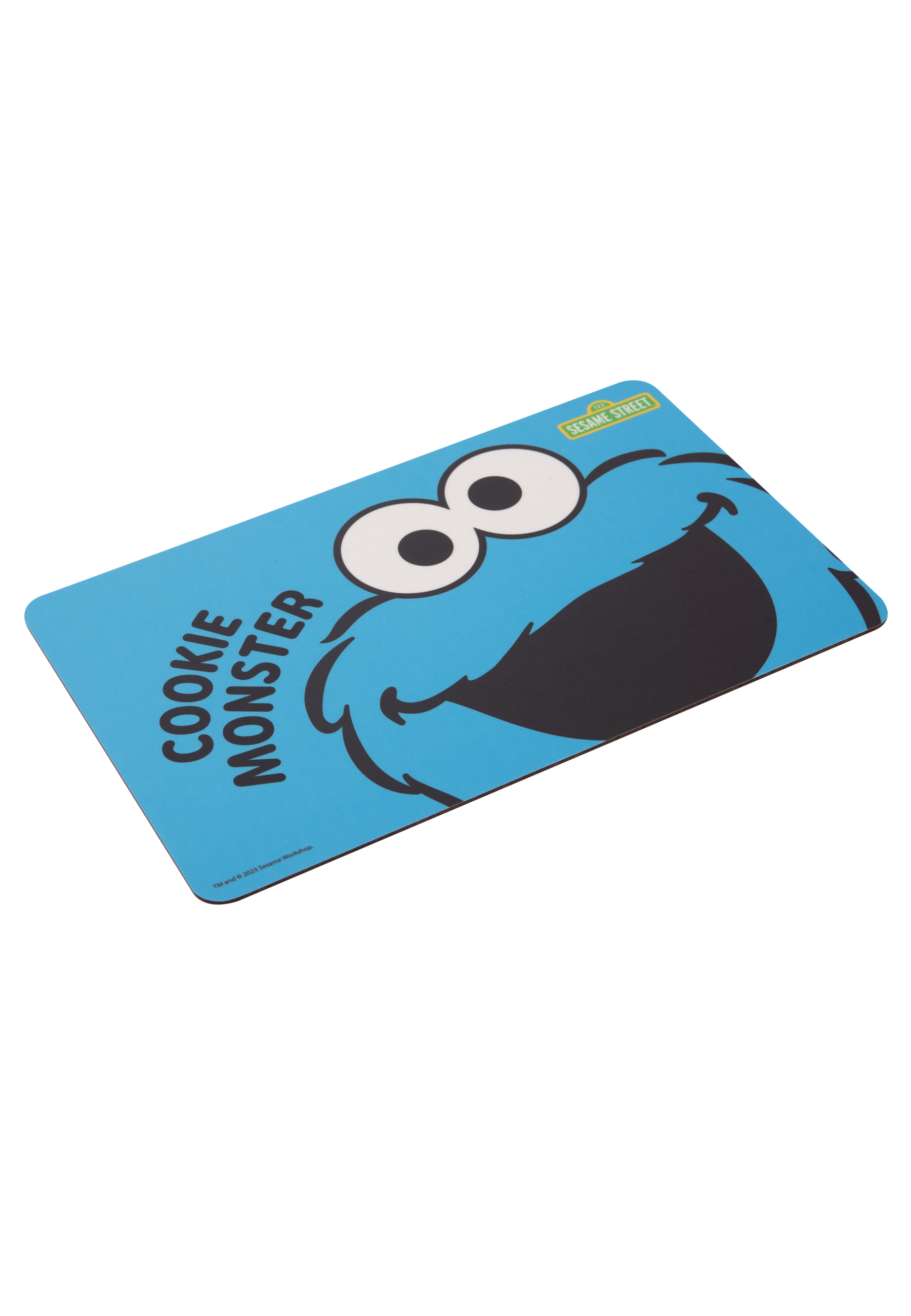 Eine blaue Cookie Monster-Matte mit den Worten 'Cookie Monster' und dem Sesame Street-Logo.