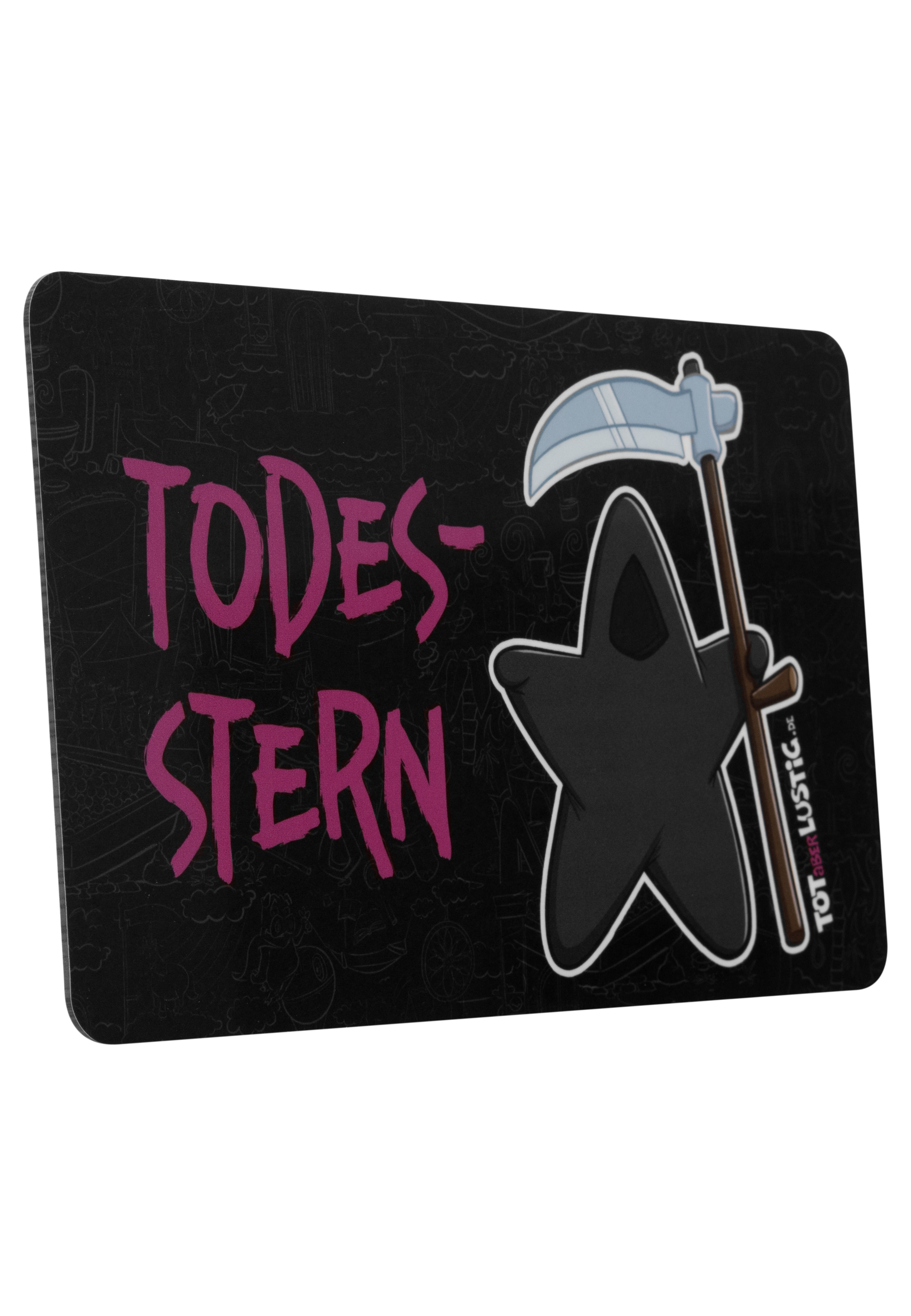 Schwarzes Mauspad mit Cartoon-Sensenmann, Sense und pinkfarbenem Schriftzug 'TODESSTERN'.