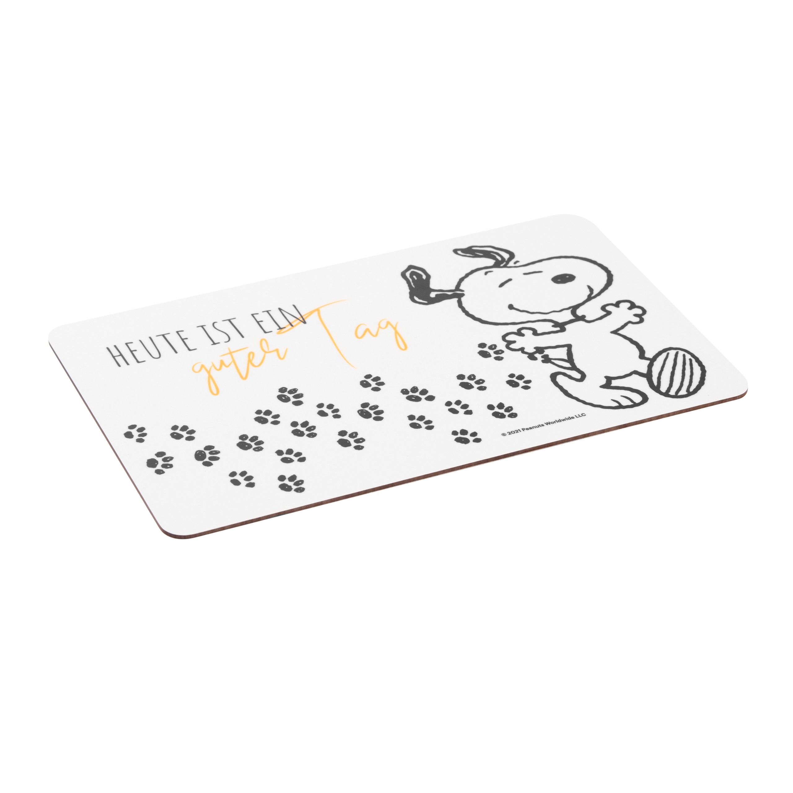 Weißer Untersetzer mit Snoopy, Pfotenabdrücken und deutschem Text.