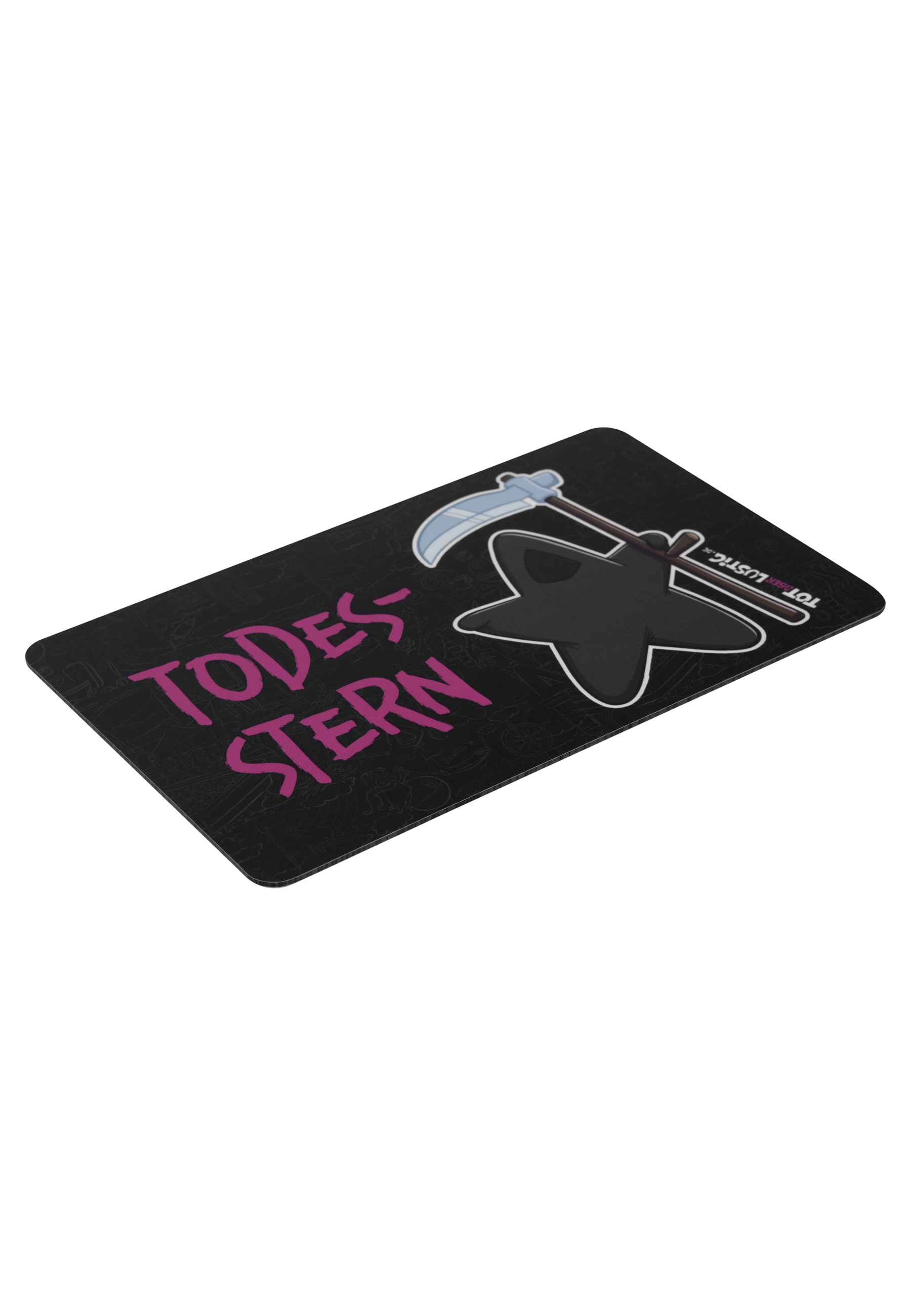 Mauspad mit schwarzem Stern und Sense-Design. Text: 'TODES-STERN' und andere Kritzeleien.