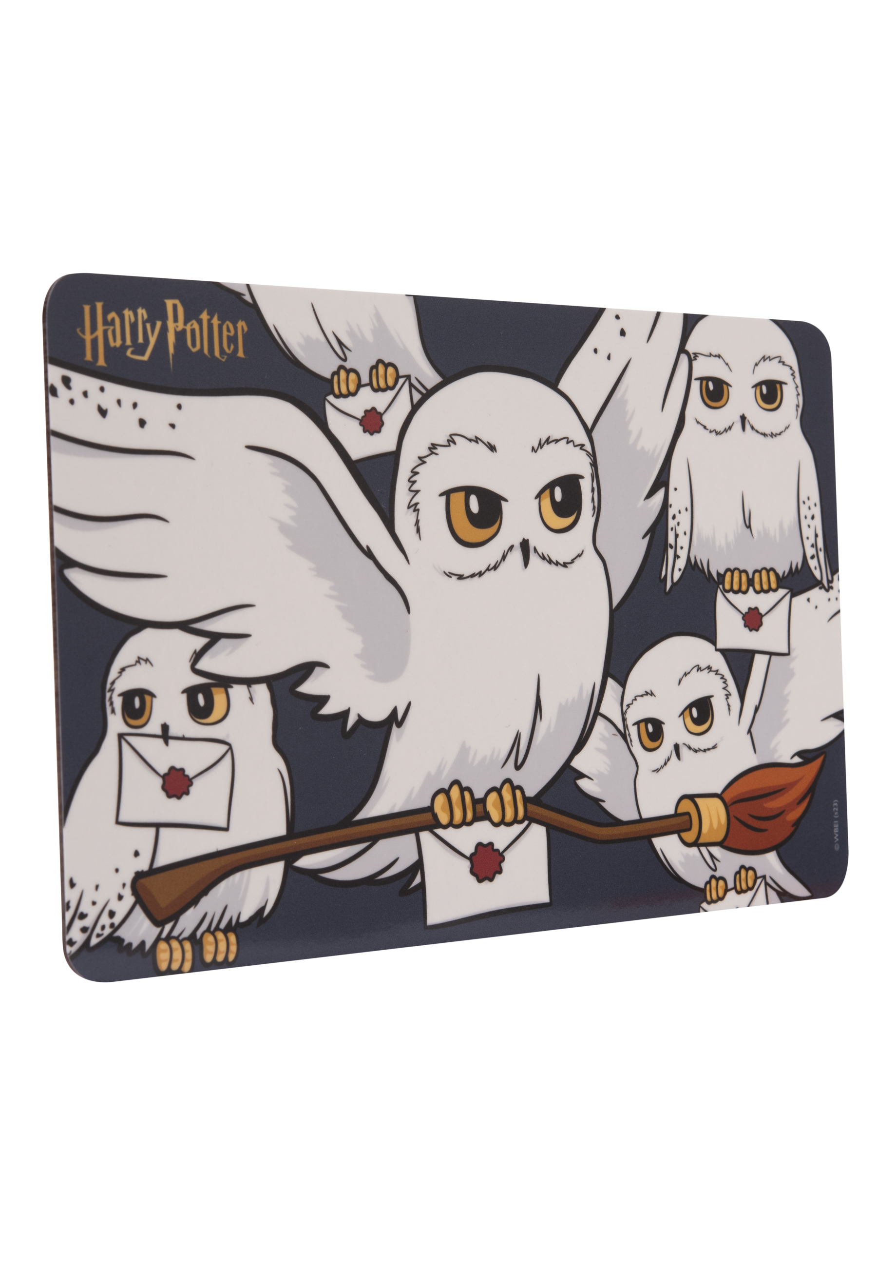 Harry Potter Tischset mit Cartoon-Eulen, die Briefe und einen Besen tragen.