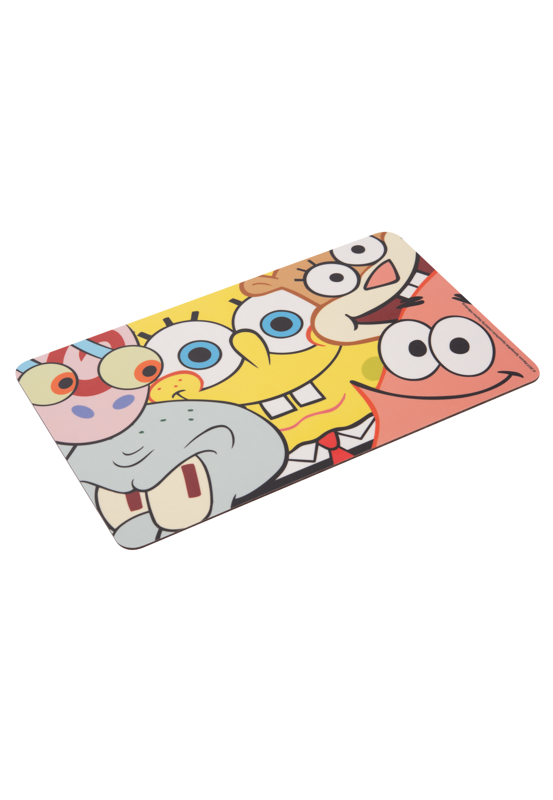 Rechteckige Matte mit SpongeBob und Freunden-Motiv, mit Cartoon-Figuren auf weißem Hintergrund.