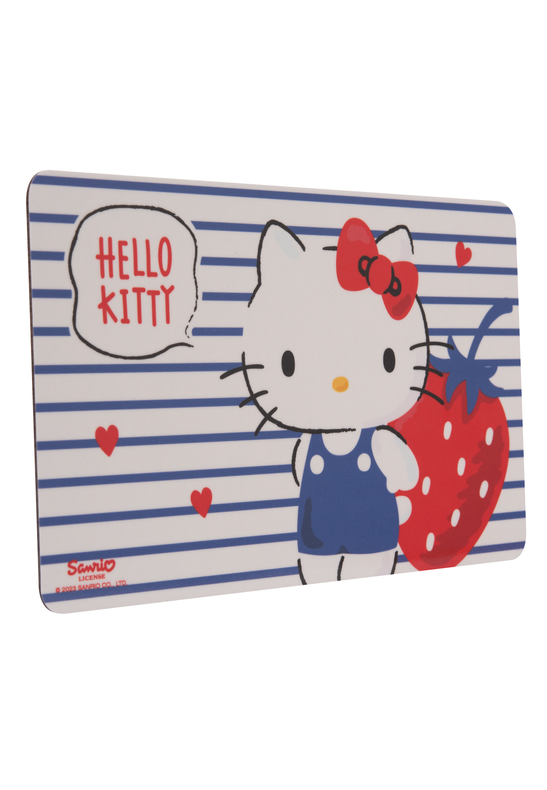 Hello Kitty-Design auf einer Karte. Kitty mit Erdbeere, blauen Streifen und Sprechblase.