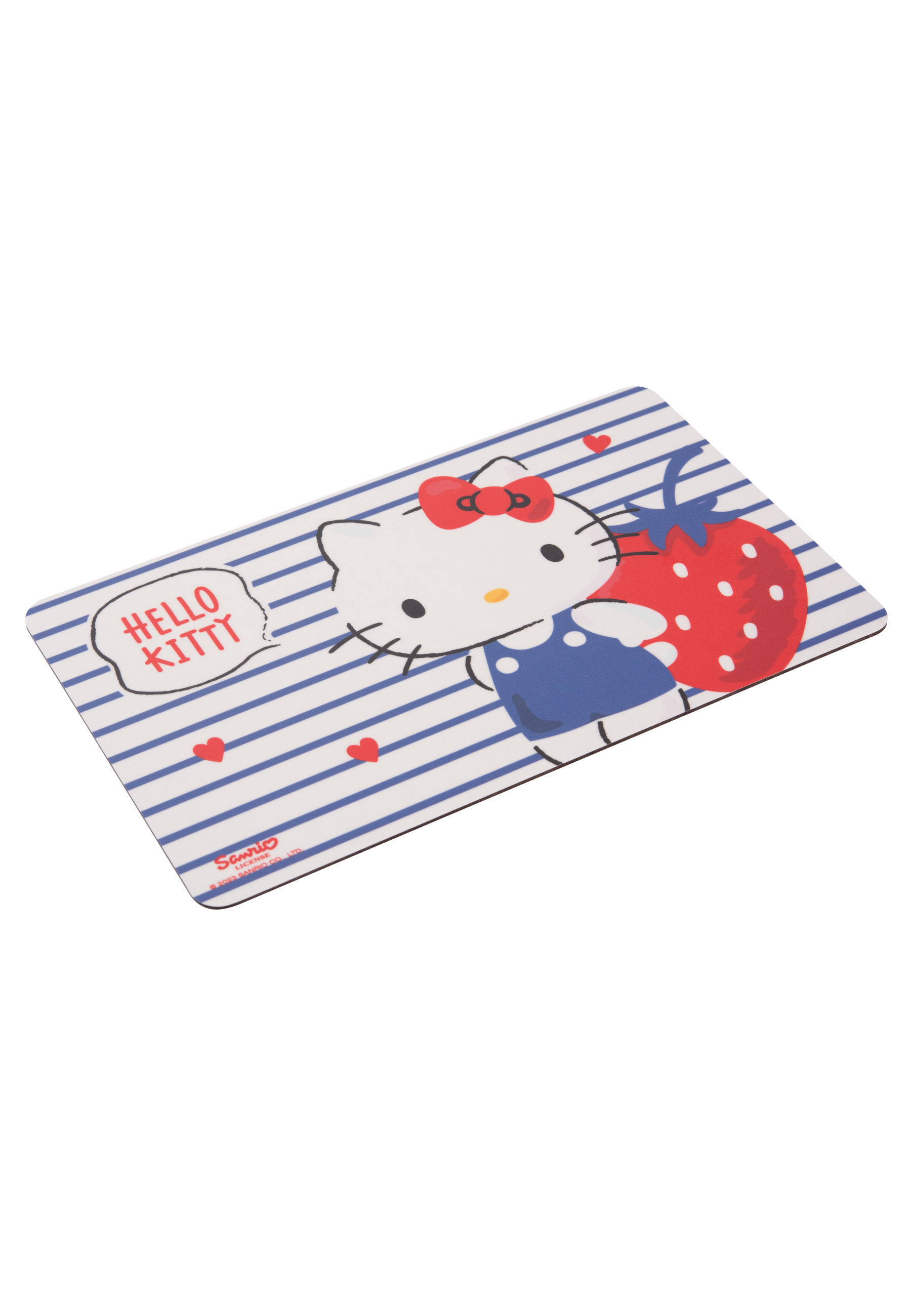 Hello Kitty-Mousepad. Kitty in Blau, neben einer Erdbeere. Blaue und weiße Streifen.