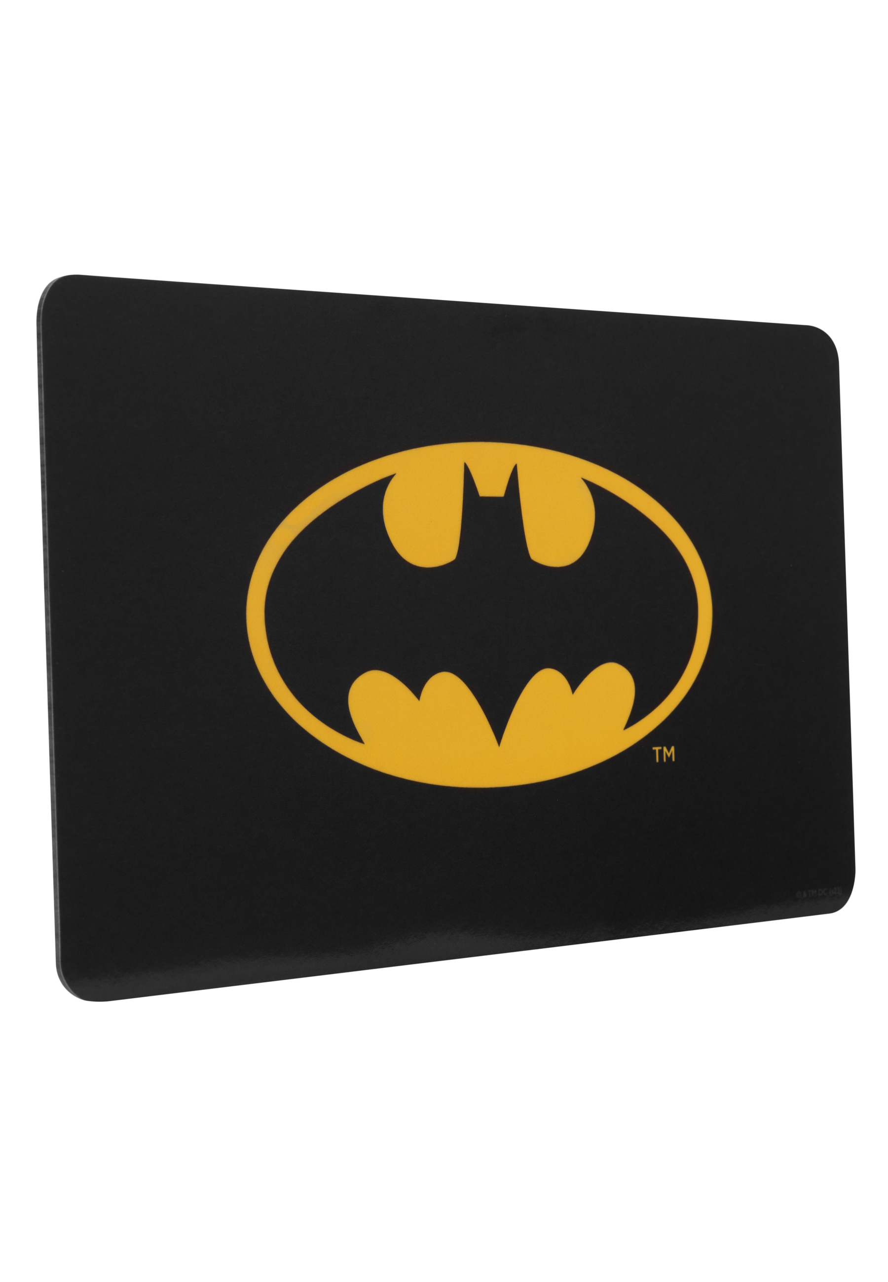 Ein schwarzes Mauspad mit einem gelben Batman-Logo in der Mitte.