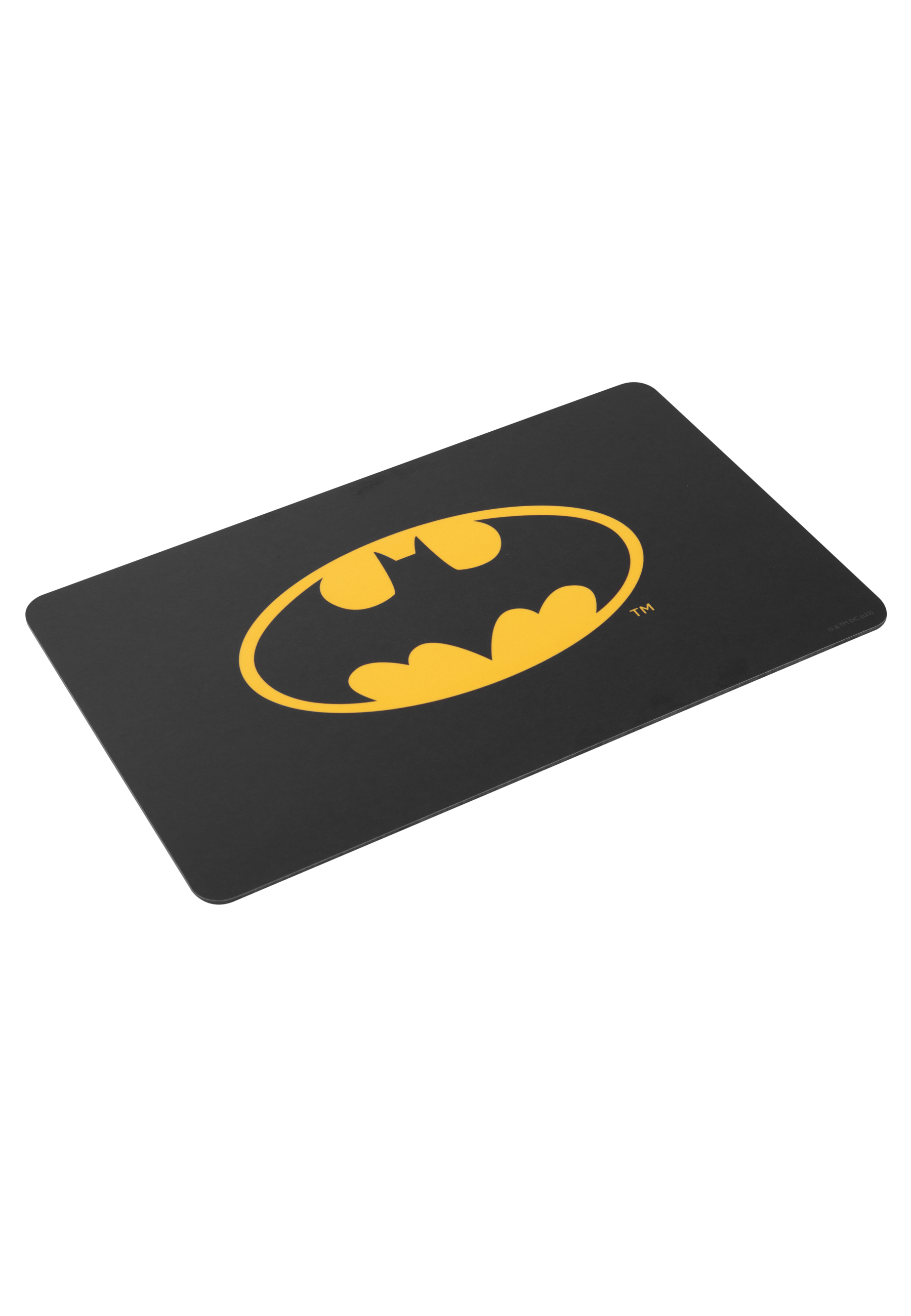 Schwarzes Mousepad mit gelbem Batman-Logo darauf.