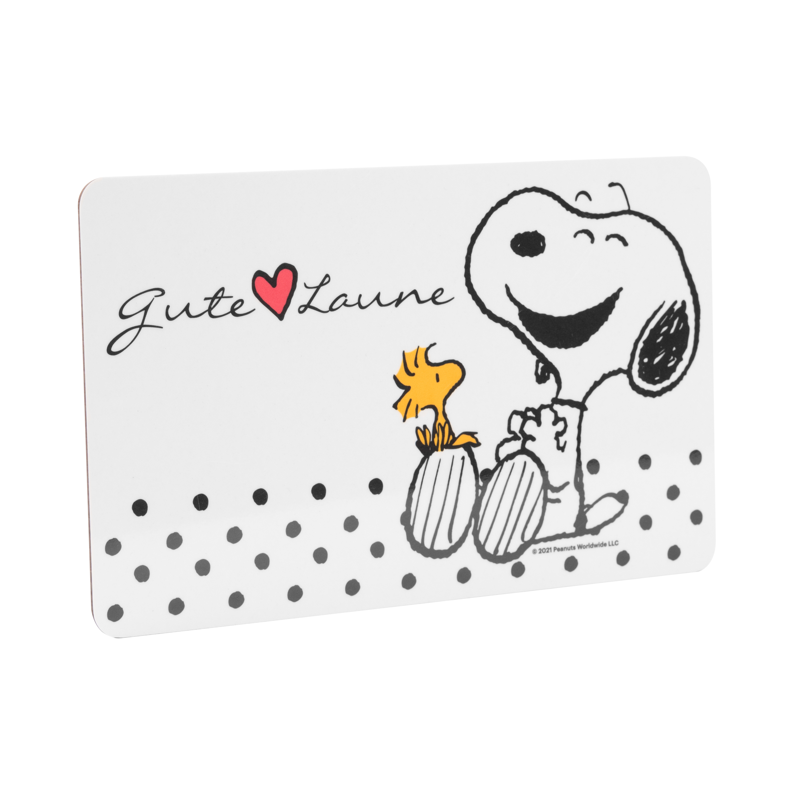 Weißer Snoopy und Woodstock auf weißer Oberfläche mit schwarzen Punkten. Text: 'Gute Laune'.
