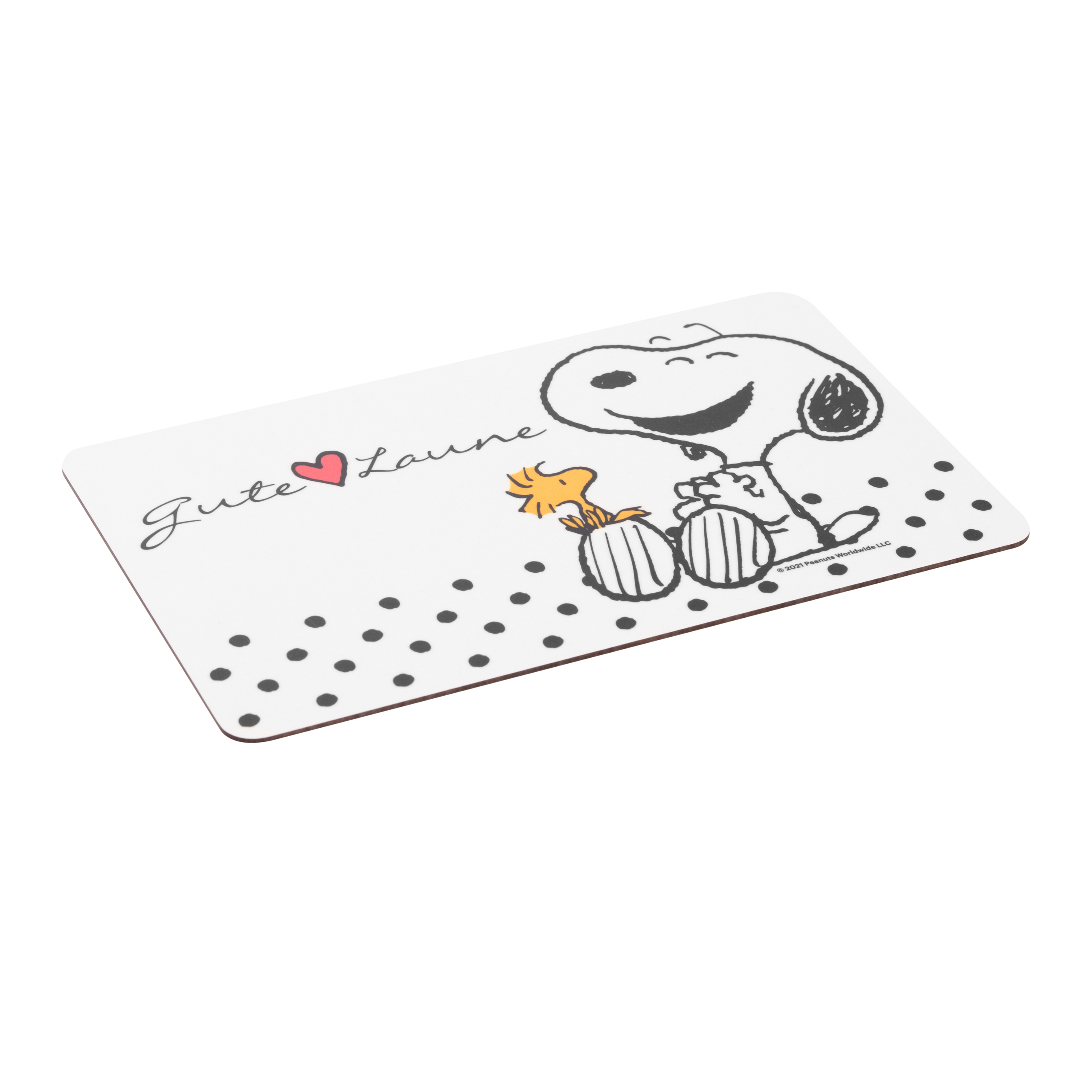 Weiße Matte mit Snoopy und Woodstock. Text: Gute Laune. Schwarze Tupfen.
