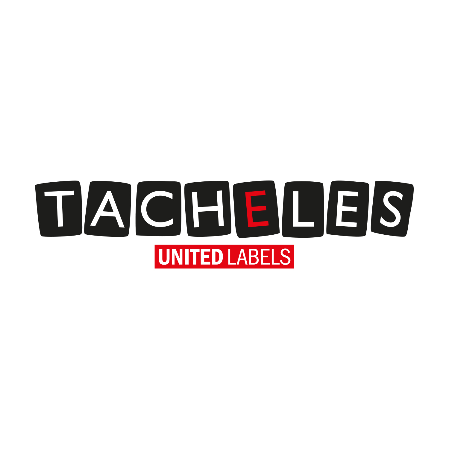 Logo mit schwarzen Blöcken, die 'TACHELES' und rotes 'E' buchstabieren, mit 'UNITED LABELS'.