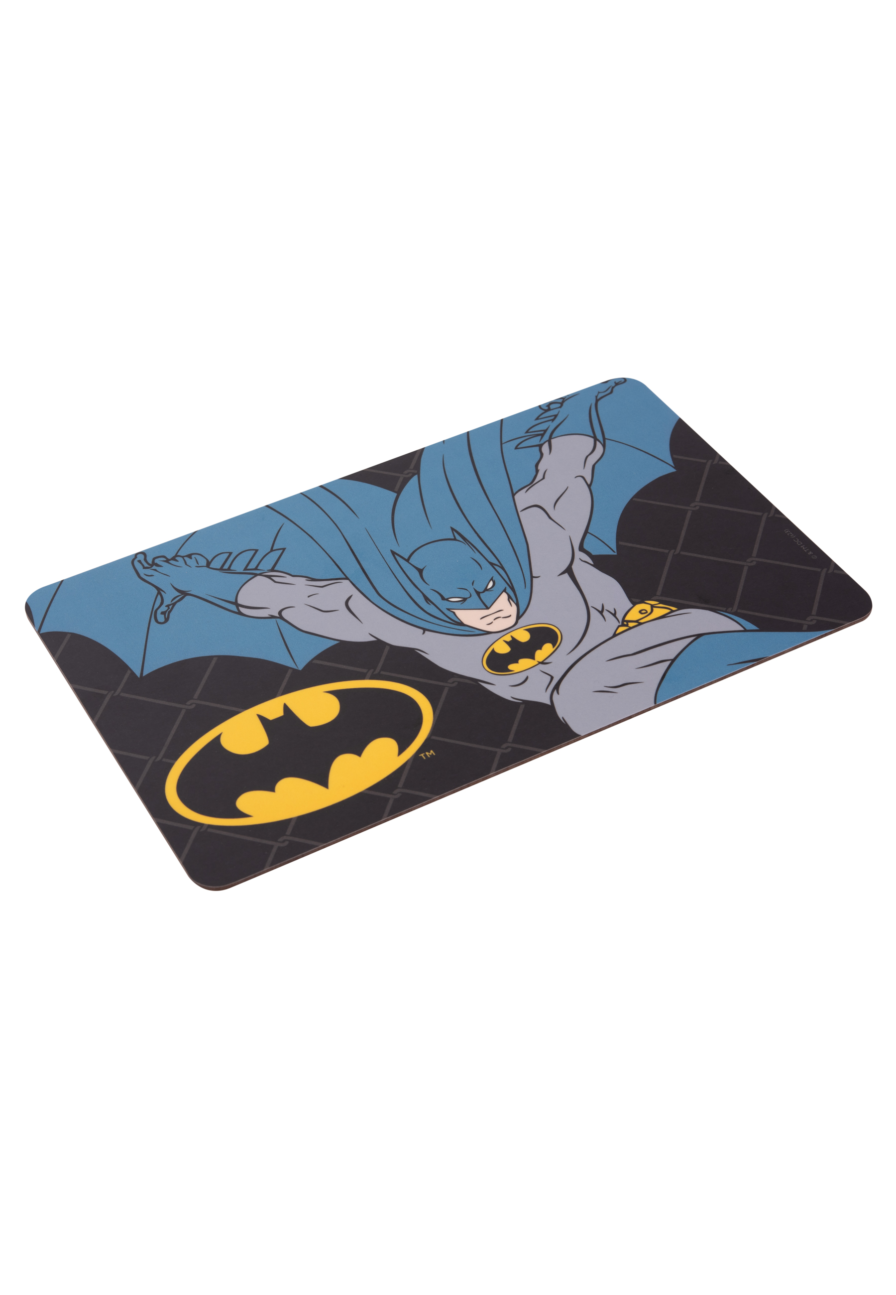 Batman-Grafik auf schwarzem Hintergrund, Cartoon-Bild von Batman beim Fliegen mit gelbem Fledermaus-Symbol.