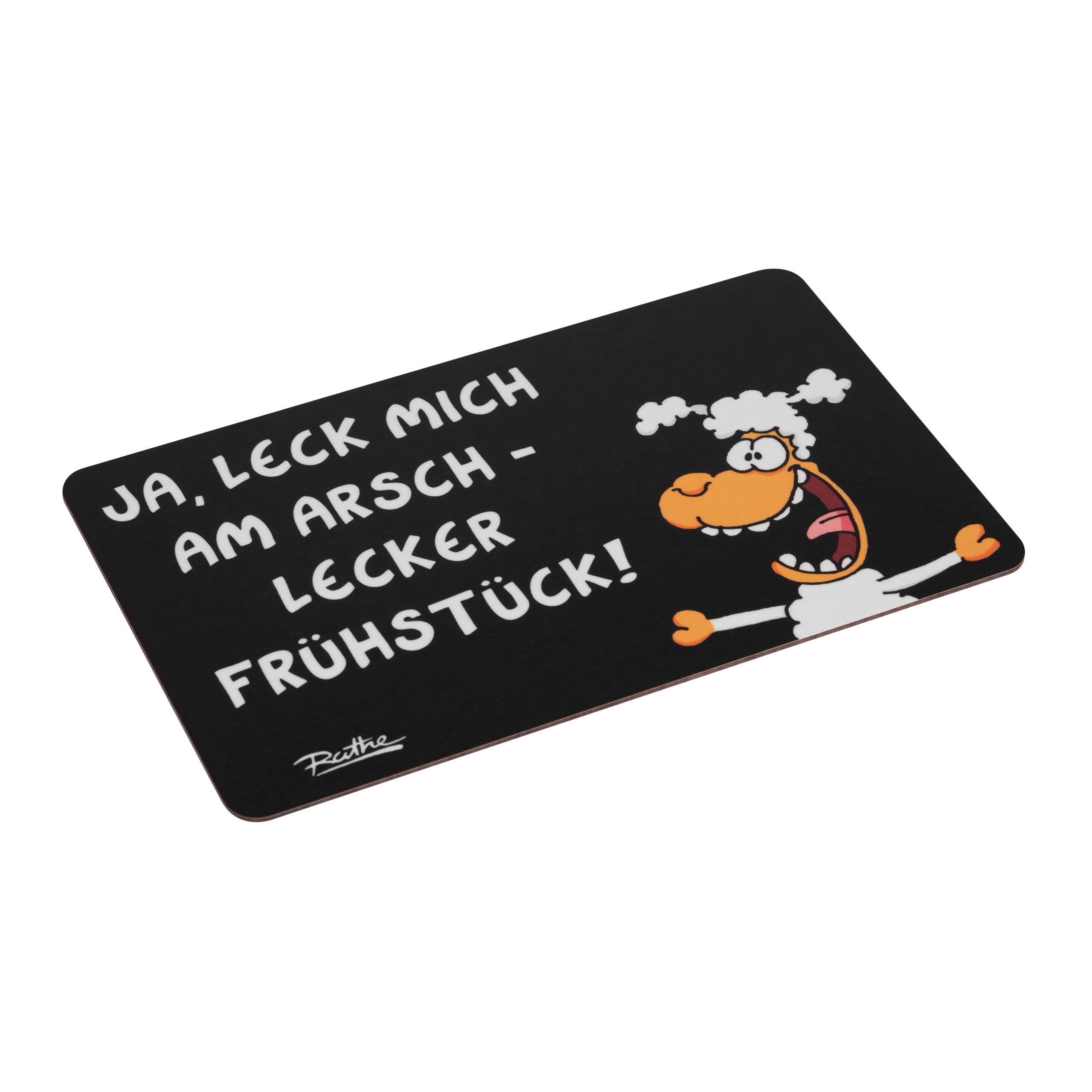 Schwarzes Mousepad mit deutschem Text und Schaf-Cartoon.