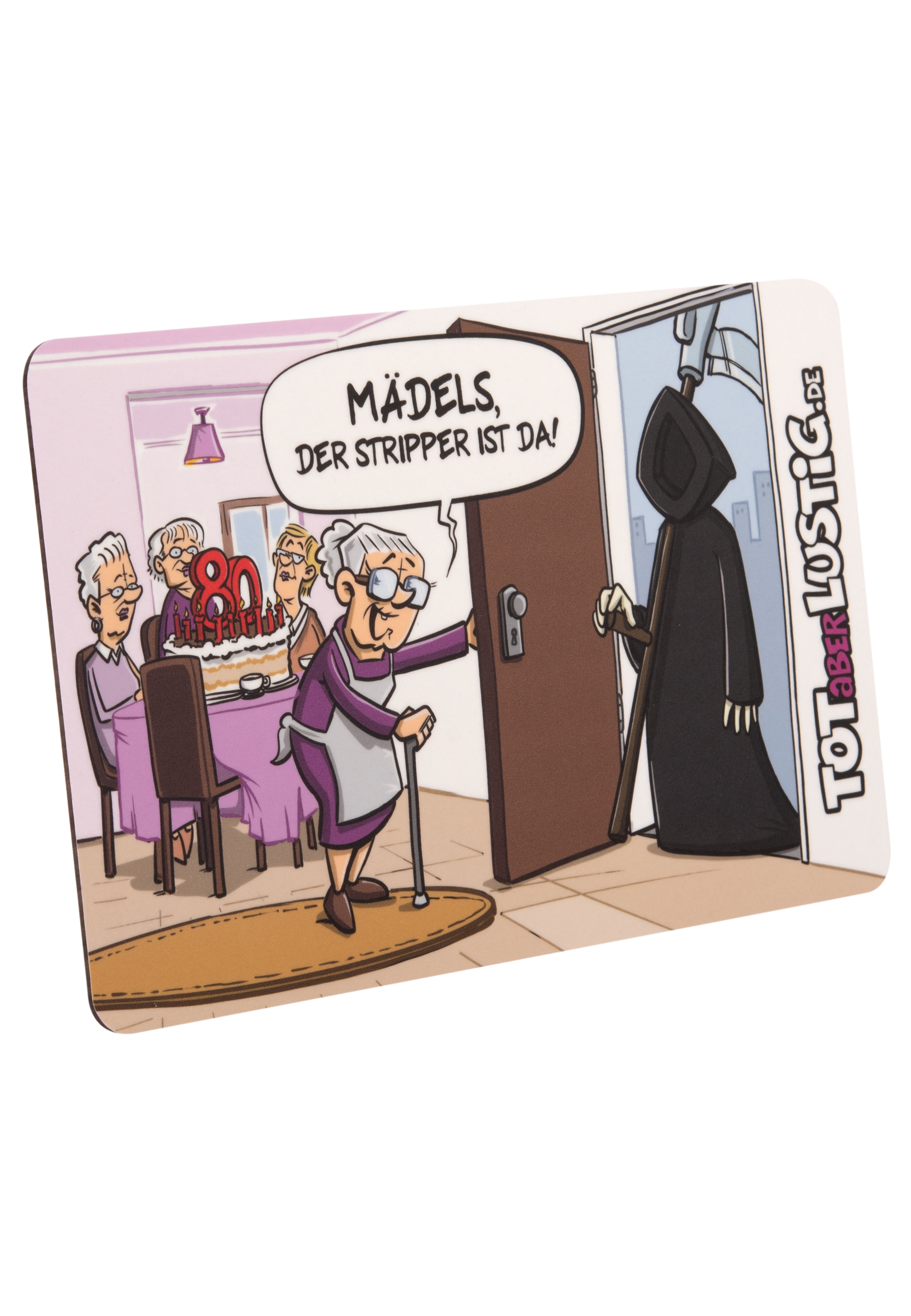 Cartoon einer Geburtstagsfeier mit einem Sensenmann an der Tür und Text auf Deutsch.