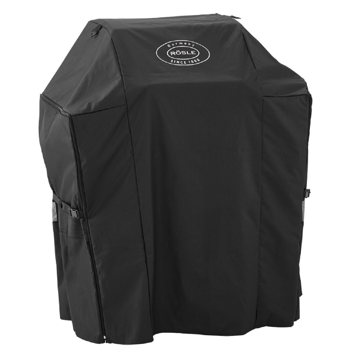 Schwarze Grillabdeckung. Hat ein Logo oben. Schwarzes Material mit Riemen und Schnallen.
