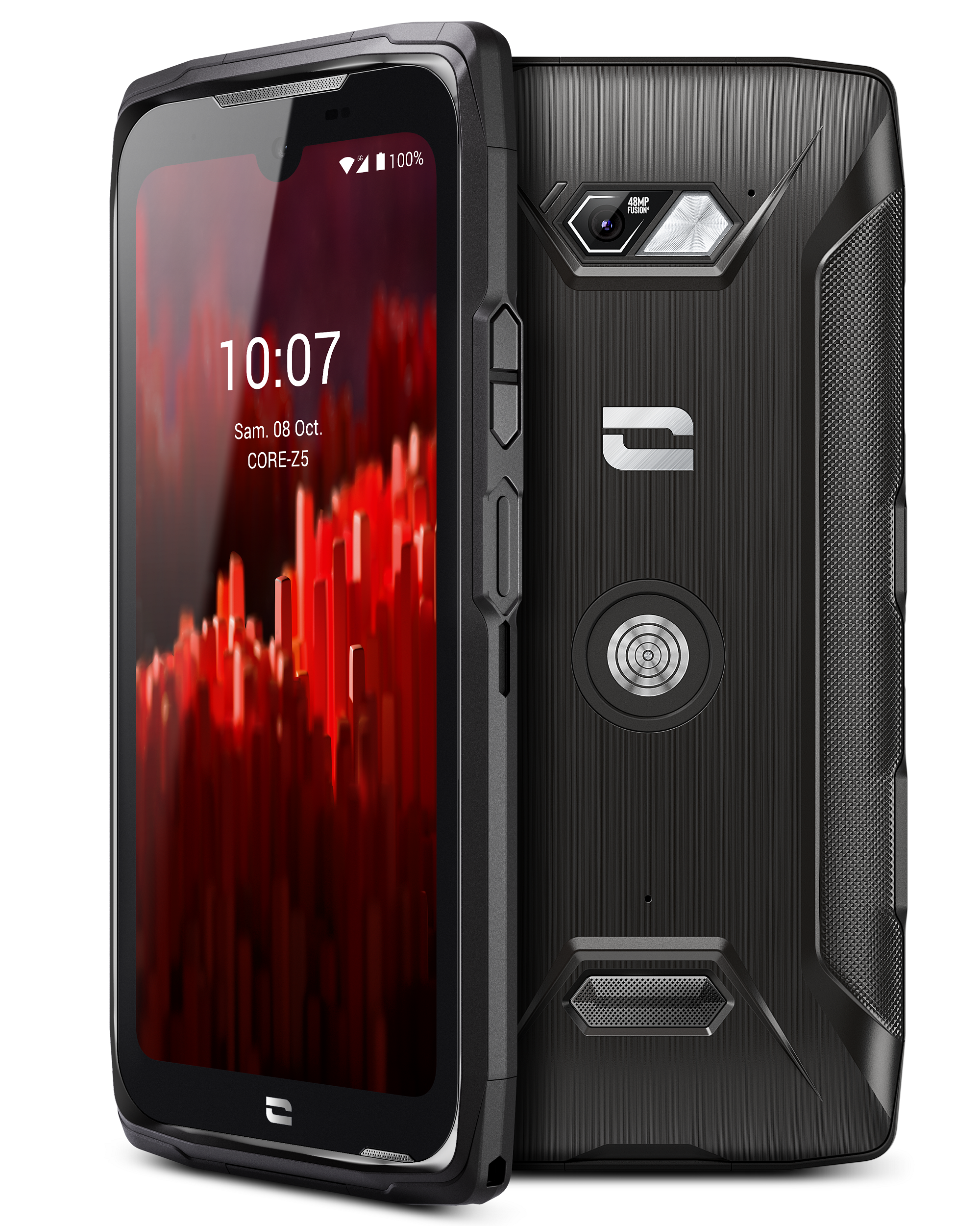 Schwarzes Smartphone mit robustem Design, zwei Kameras und Power-Taste.