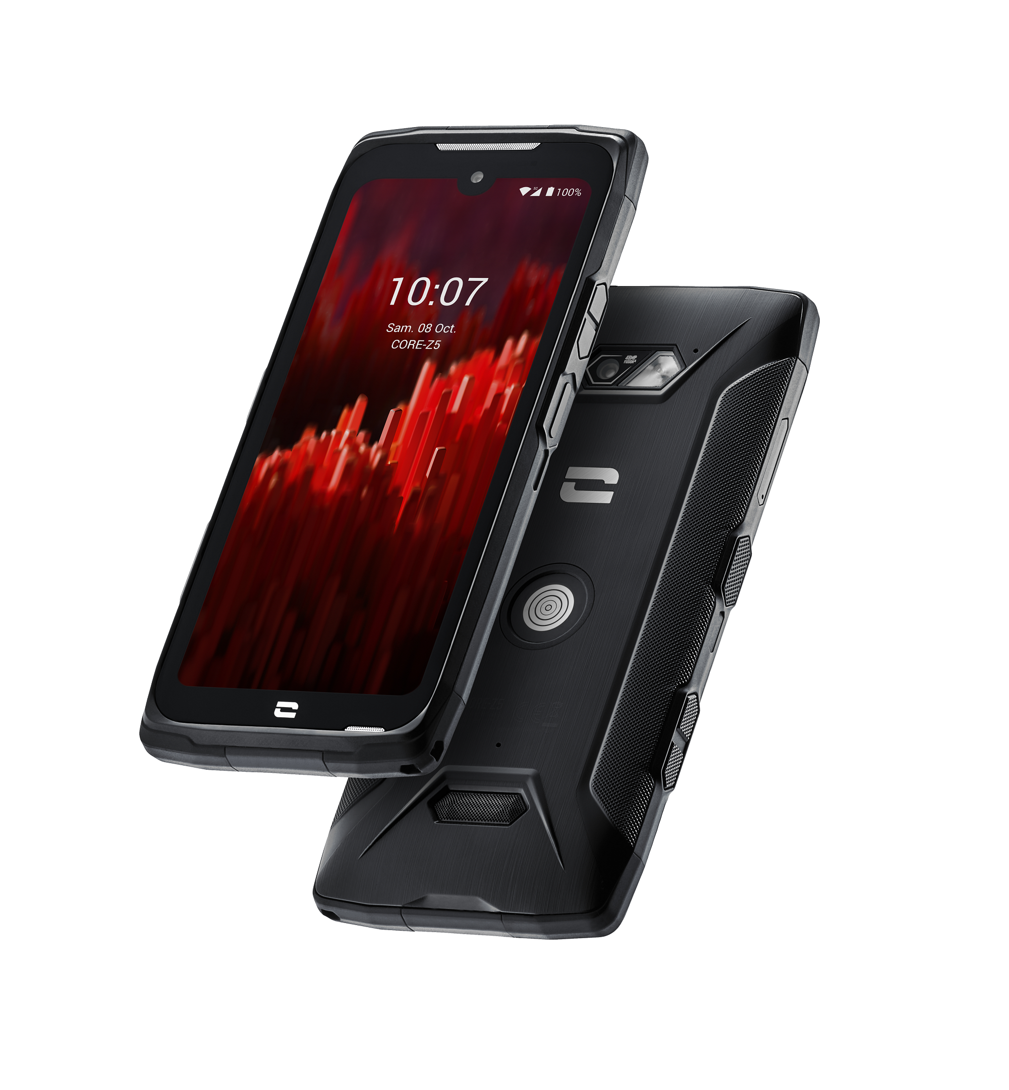Schwarzes Smartphone, zeigt Uhrzeit und Datum, mit der Rückseite auf der Oberfläche. Weißer Hintergrund.