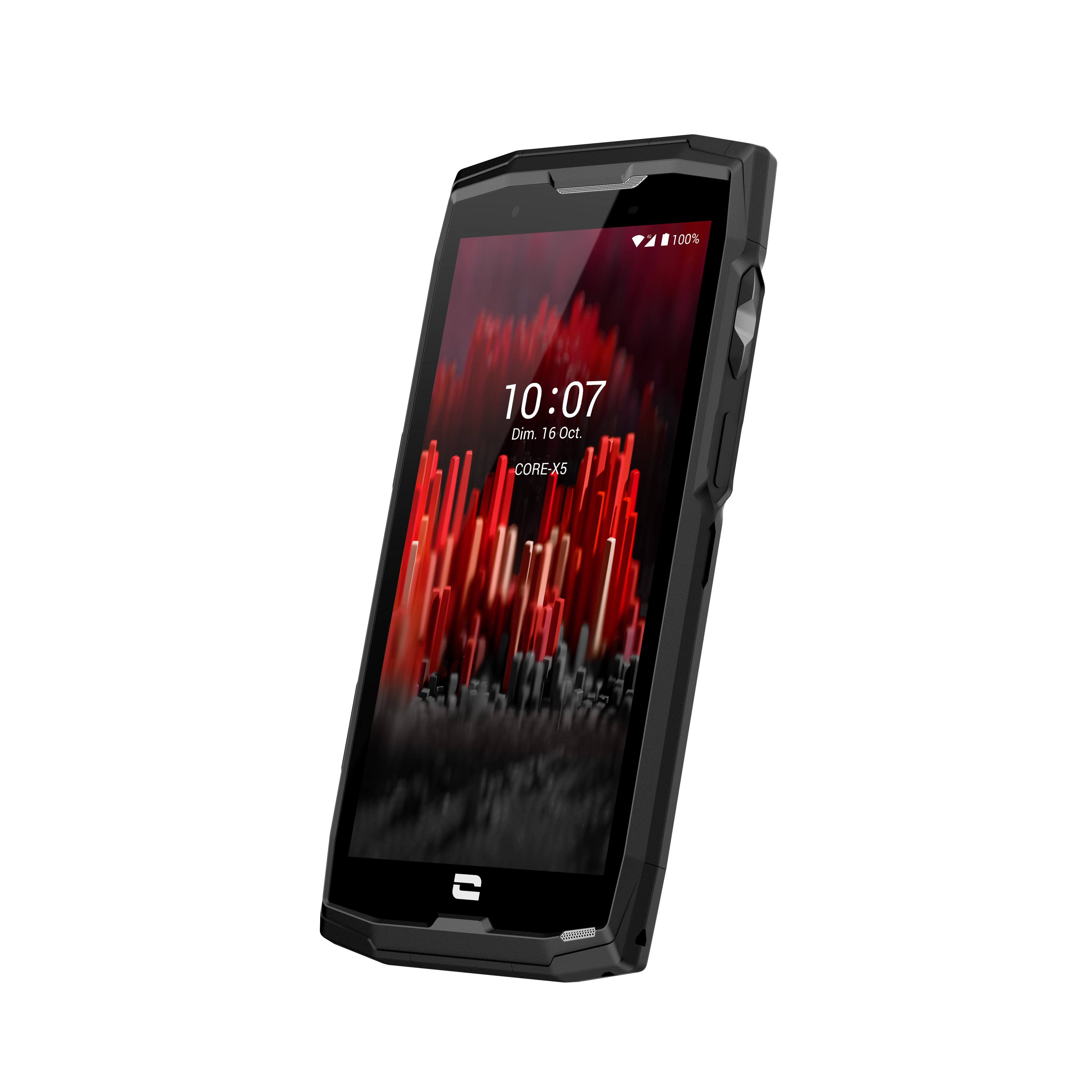 Smartphone nero con sfondo rosso sullo schermo.