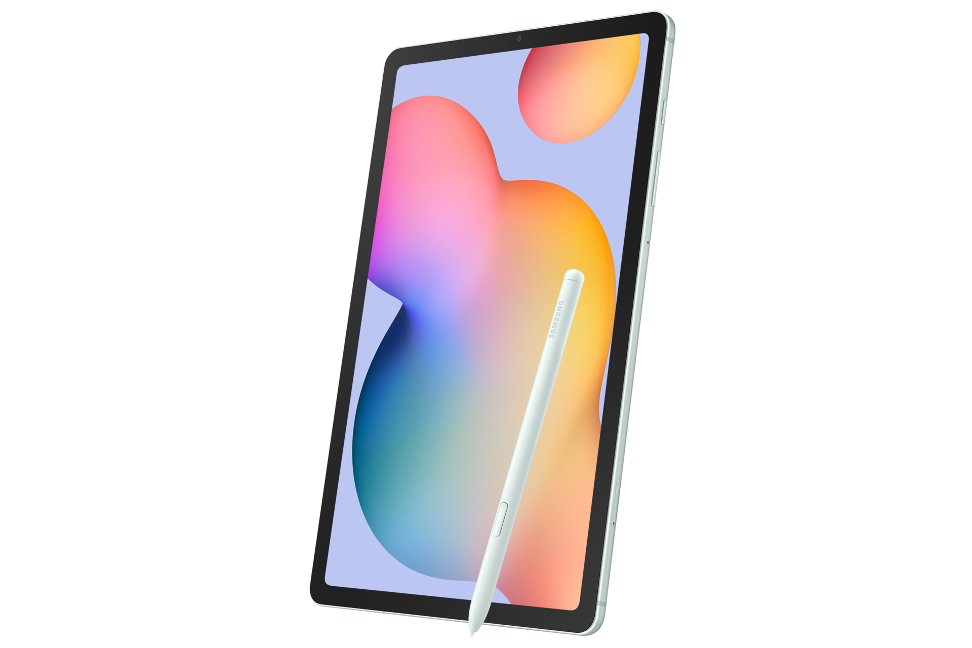 Tablet con stilo su sfondo bianco. Lo schermo mostra forme astratte colorate.