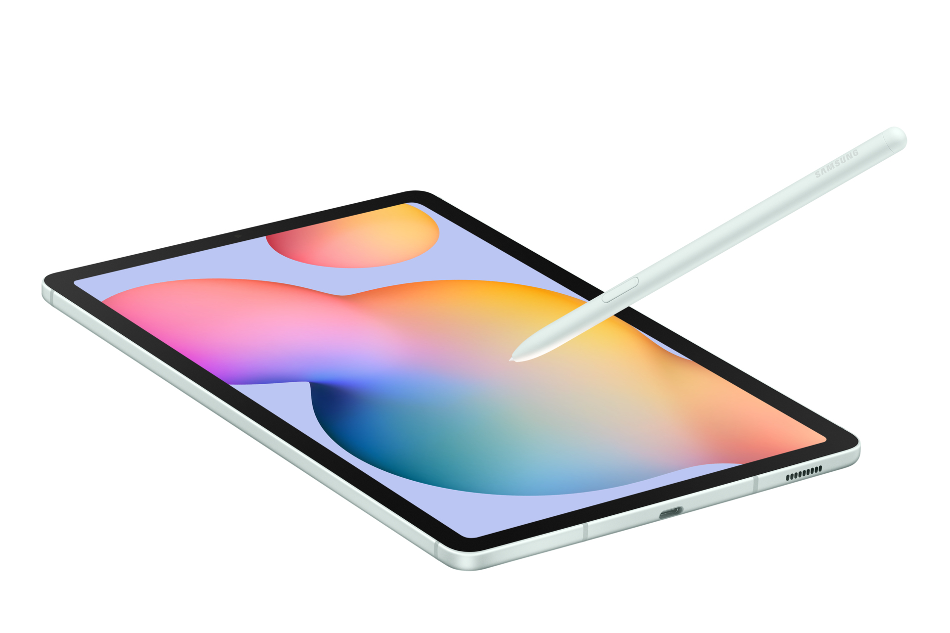 Tablet con stilo. Schermo colorato, sfondo bianco.
