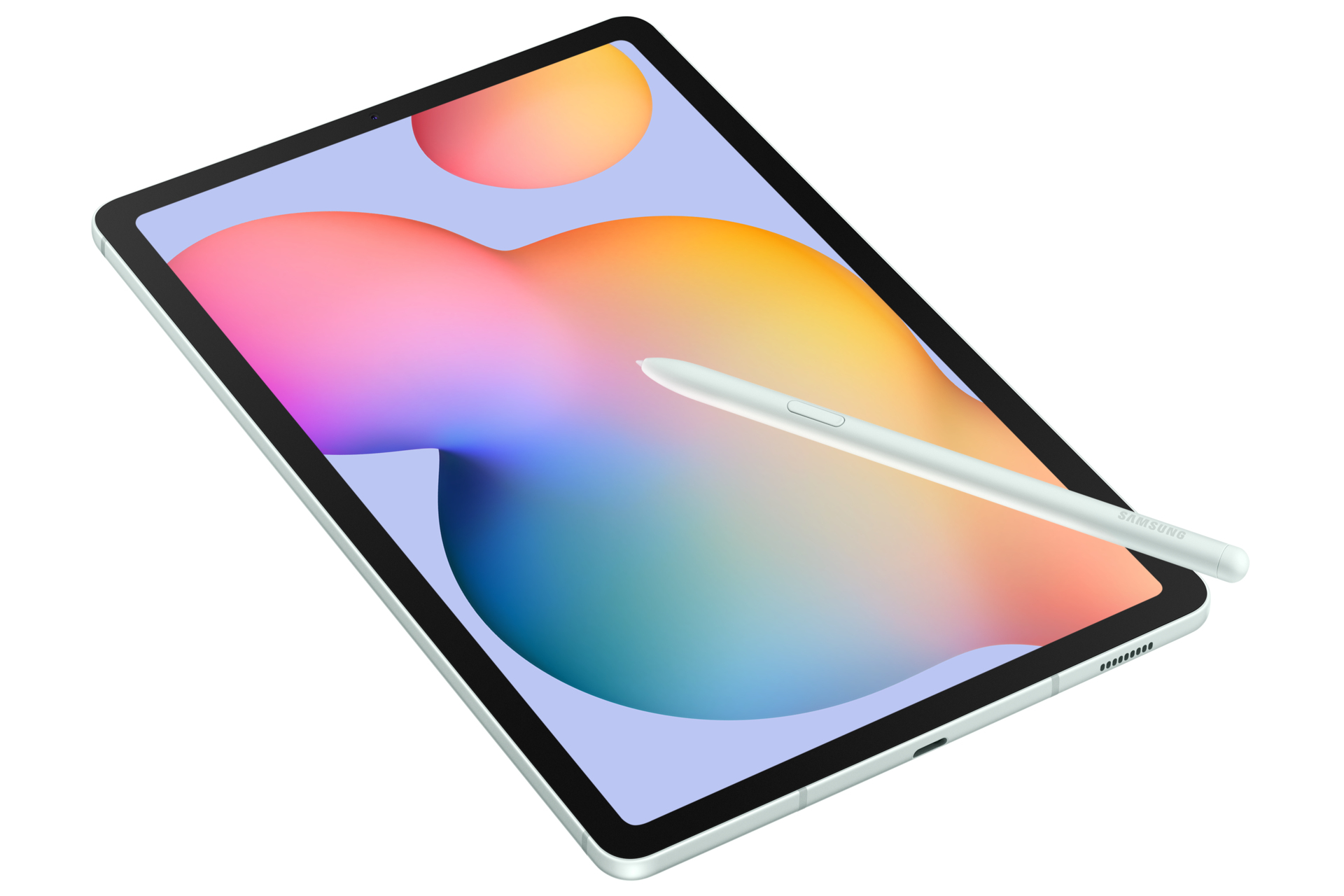 Un tablet con uno stilo verde chiaro. Lo schermo mostra uno sfondo colorato sfocato.