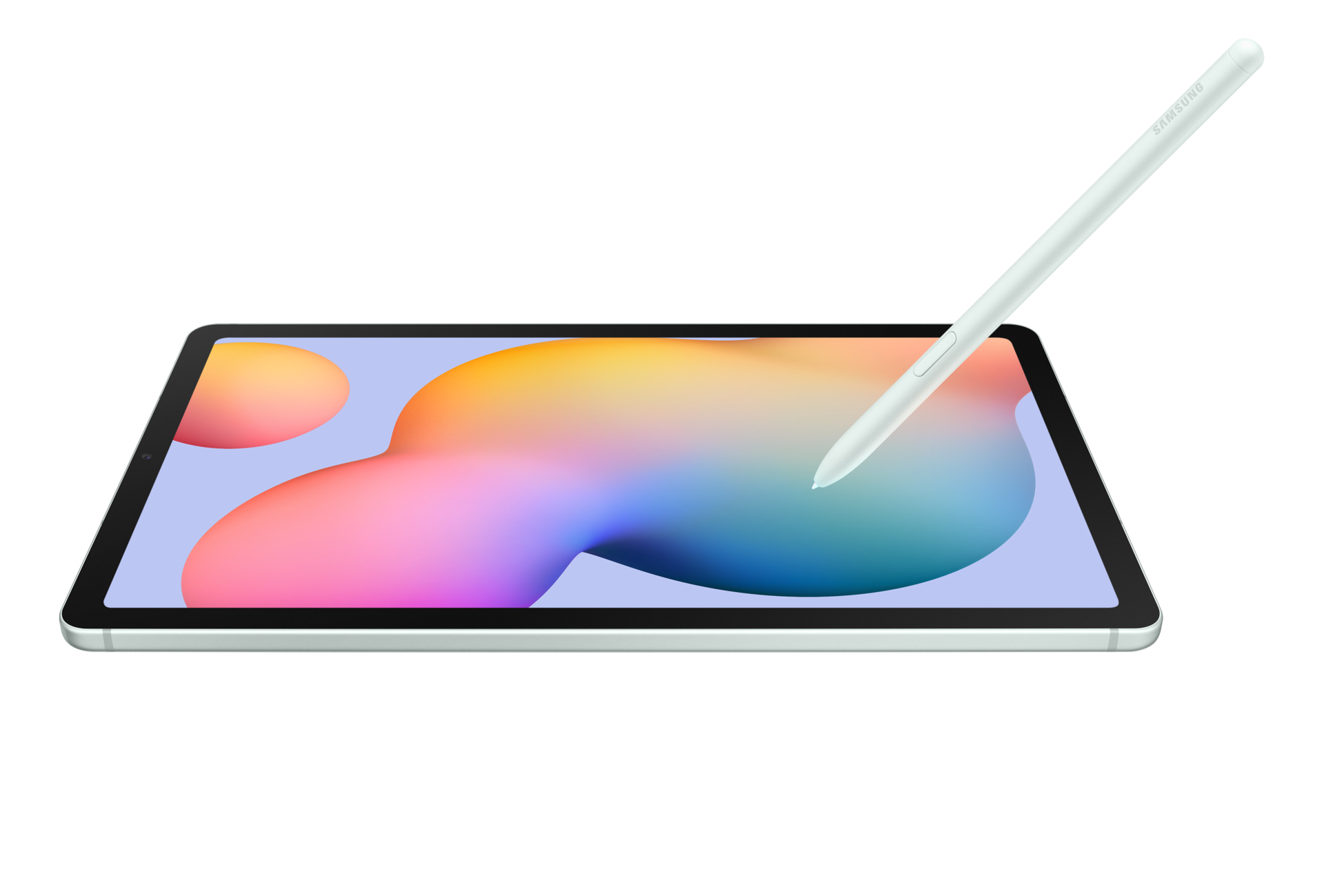 Un tablet con stilo, che mostra un design astratto e colorato su sfondo bianco.
