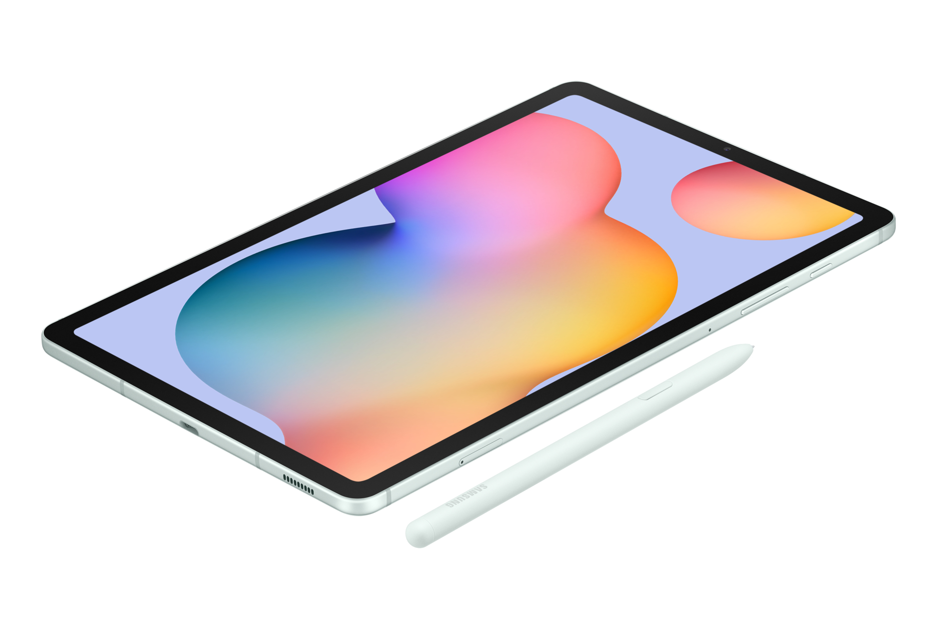 Tablet con stilo su sfondo bianco. Il tablet ha uno schermo con un'immagine astratta colorata.