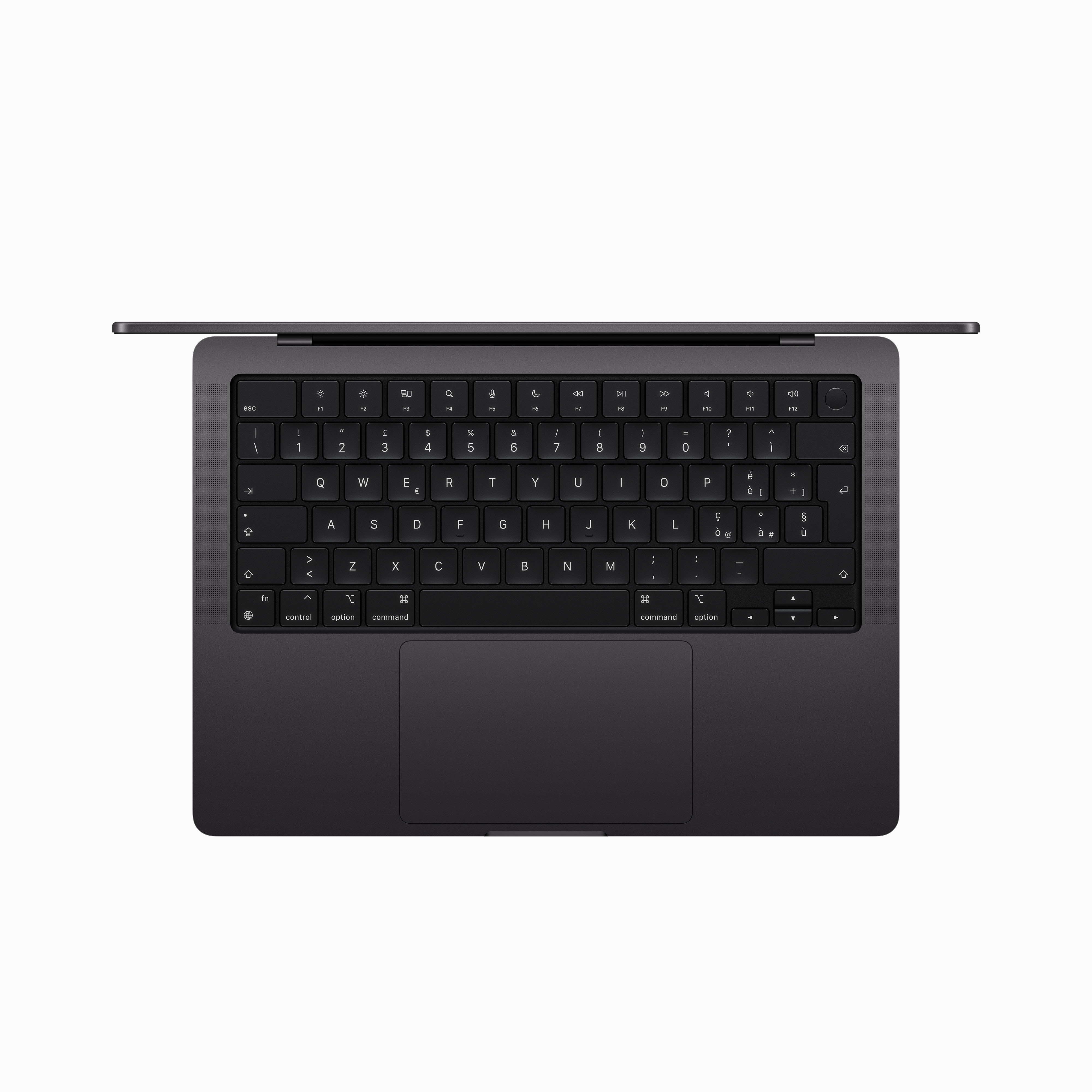 Widok z góry na czarny laptop z czarną klawiaturą. Ekran jest otwarty.