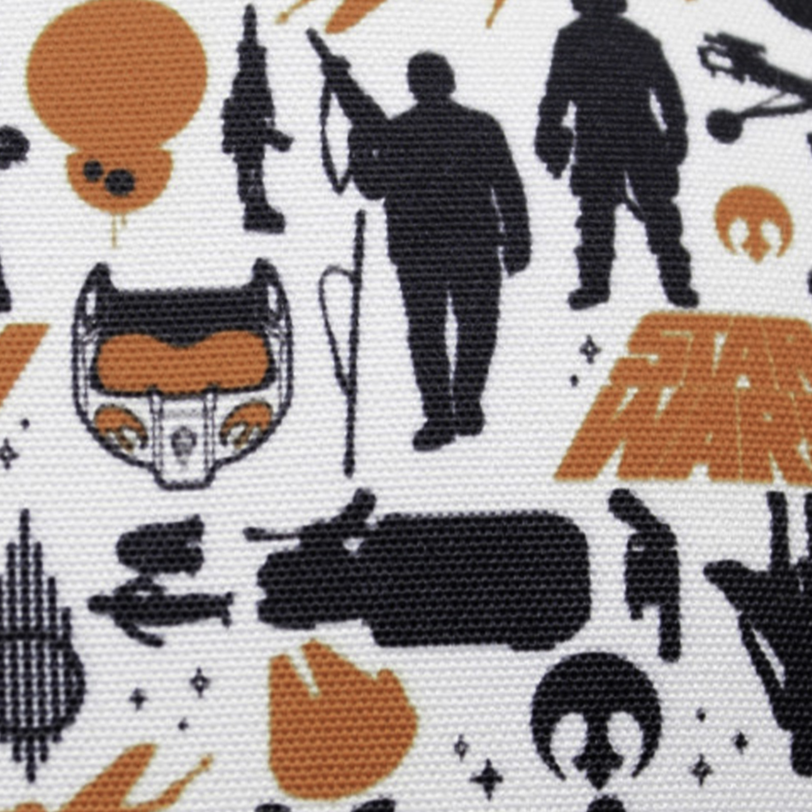Weißer Stoff mit schwarz-orangenen Star Wars-Mustern. Enthält Charaktere und Symbole.