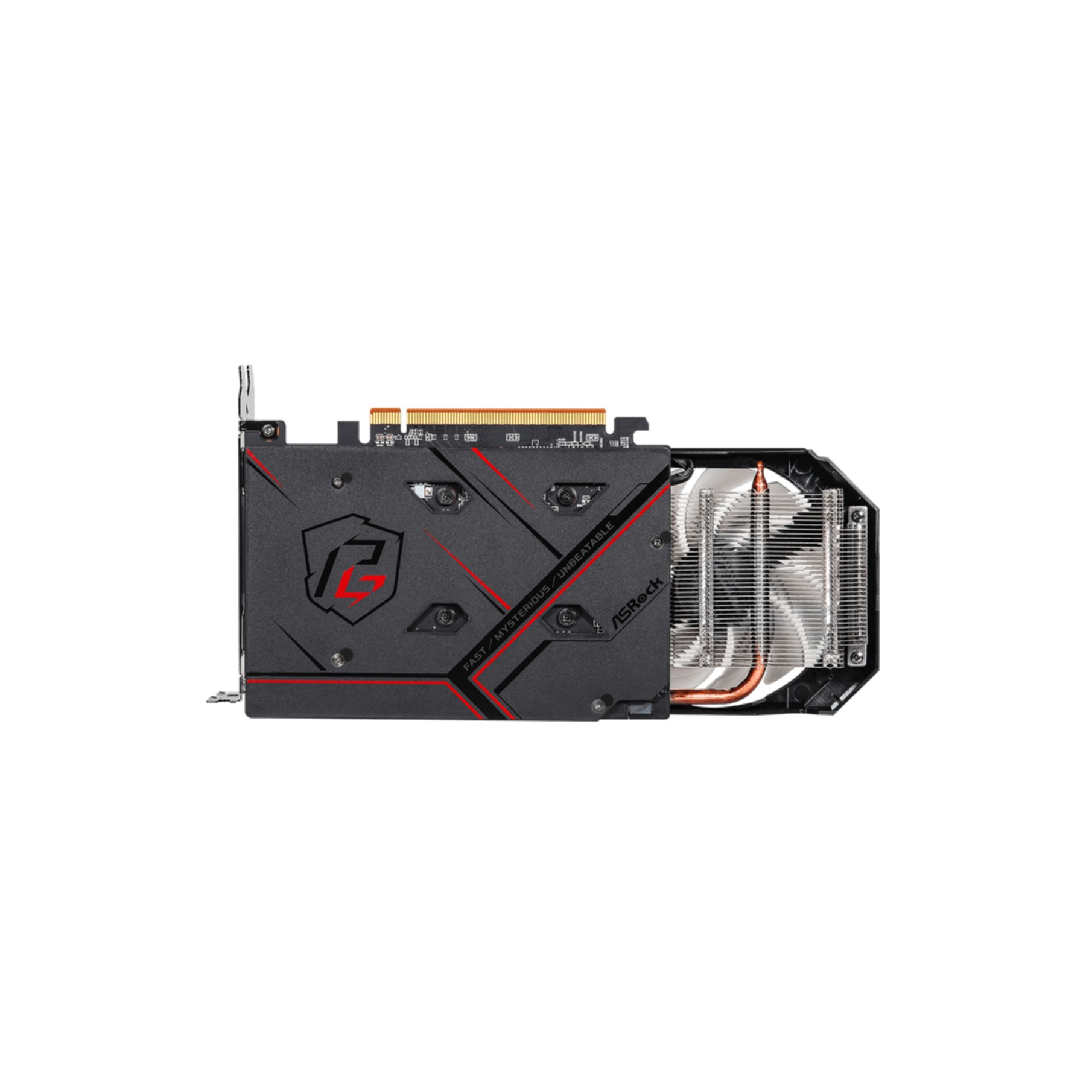 Una tarjeta gráfica ASRock negra y roja. Tiene un ventilador y está sobre un fondo blanco.