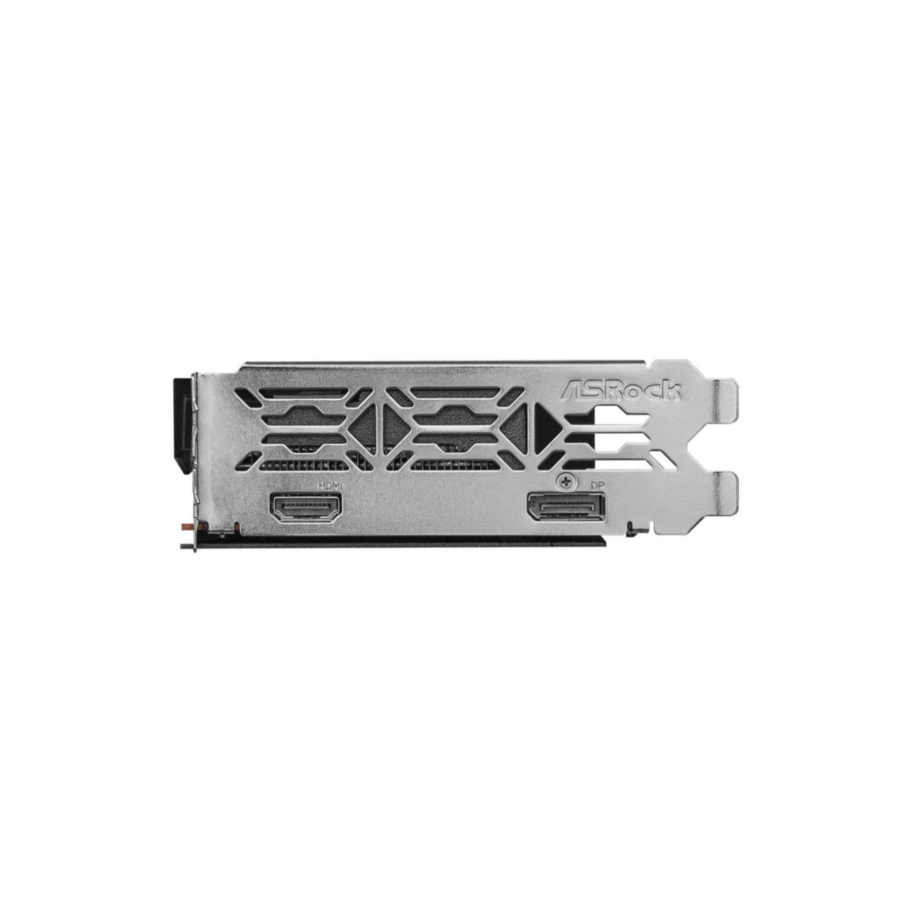 Una tarjeta gráfica de computadora plateada y negra con puertos HDMI y DP.