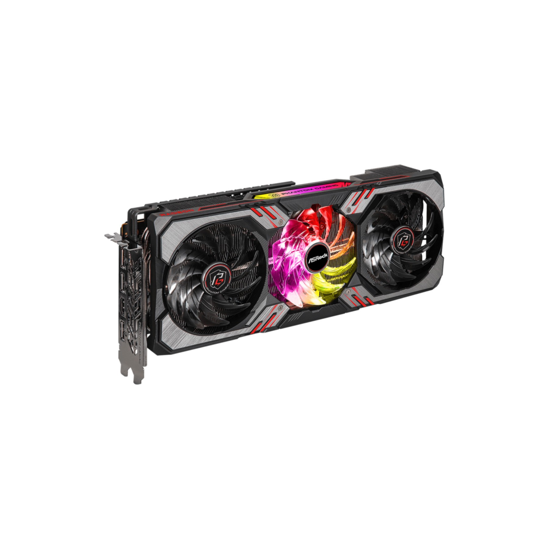Una tarjeta gráfica con tres ventiladores, detalles rojos y negros, y un ventilador central colorido.
