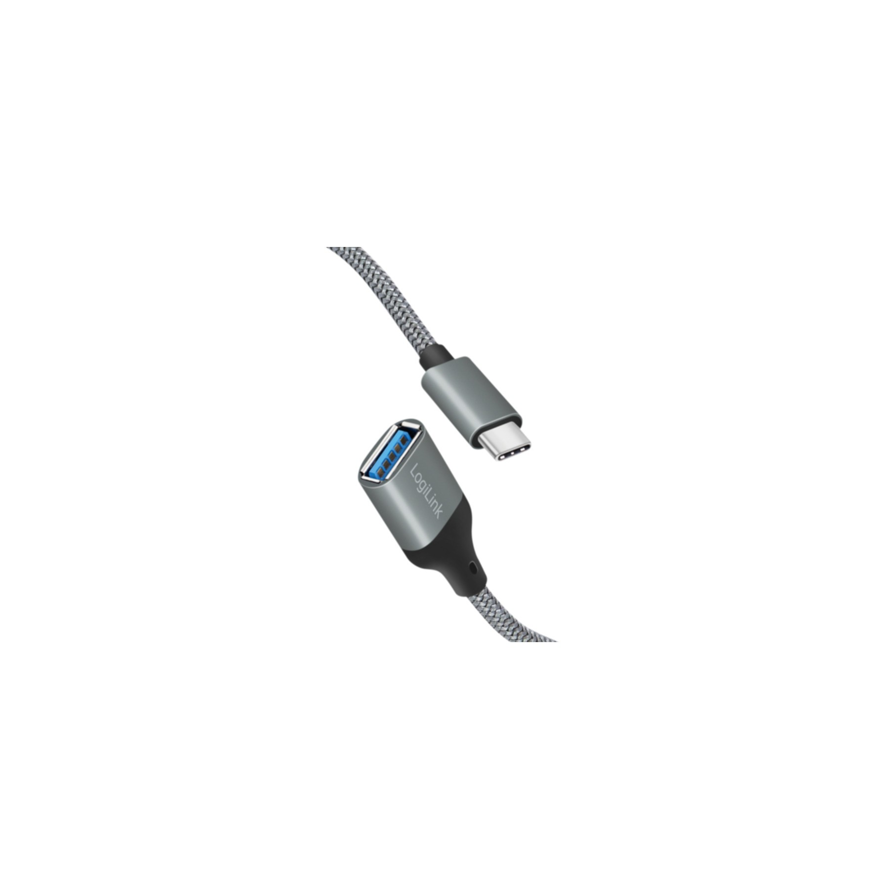 Ein silbernes und graues USB-C-zu-USB-Kabel mit einem LogiLink-Etikett.