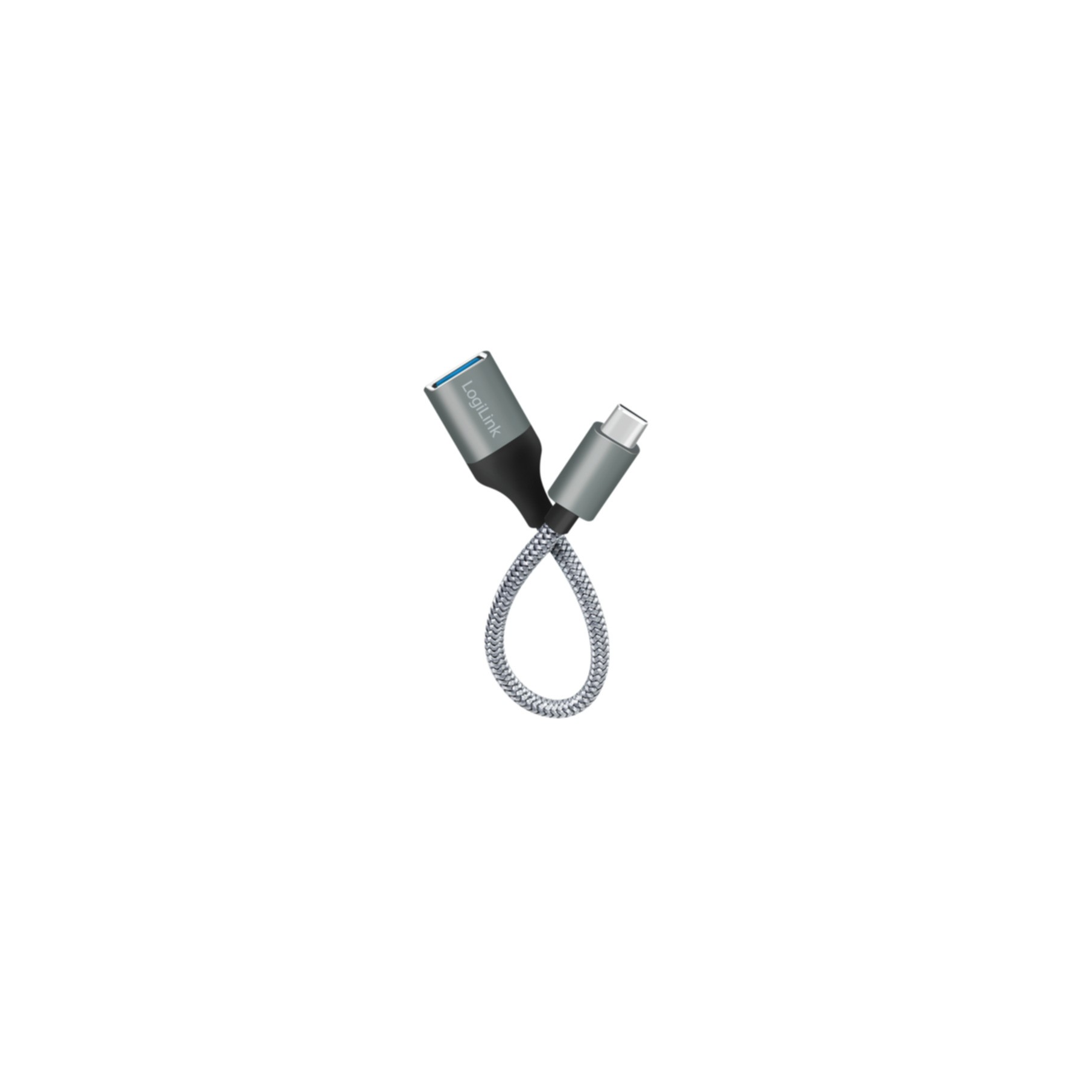 Silbernes und blaues USB-C-zu-USB-Adapterkabel. Weißer Hintergrund. Marke LogiLink.