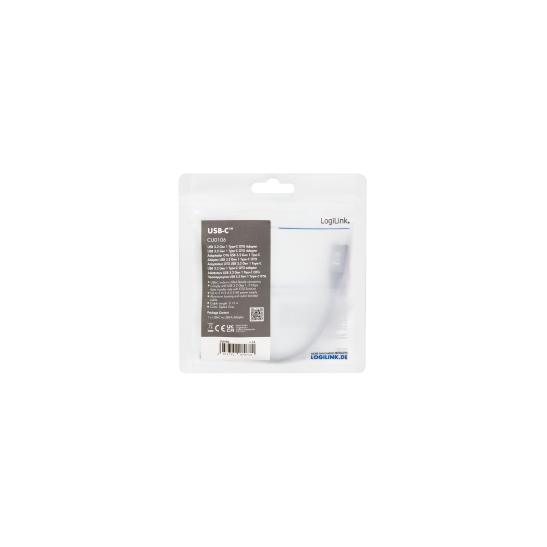 USB-C-zu-USB-C-Adapter in einer transparenten Kunststoffverpackung. Text auf der Verpackung.