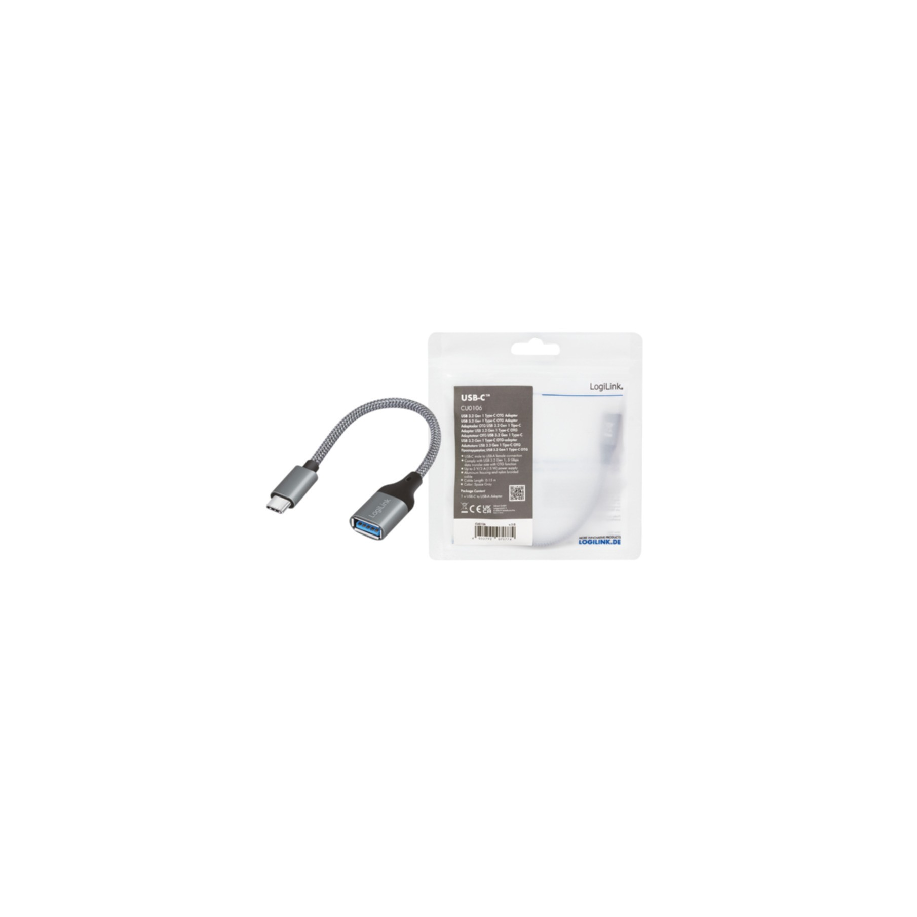 Ein USB-C-zu-USB-A-Adapterkabel, grau und schwarz, in einer transparenten Kunststoffverpackung.