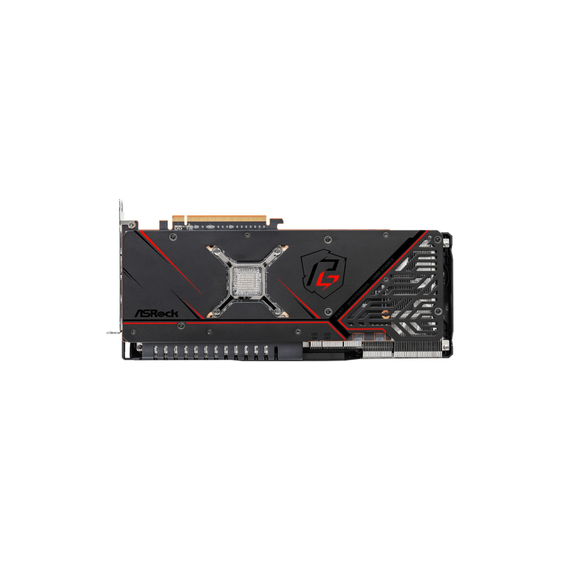 Tarjeta gráfica. Diseño en negro y rojo con los logotipos de ASRock y Phantom Gaming visibles. Placa trasera con diseño estilizado.
