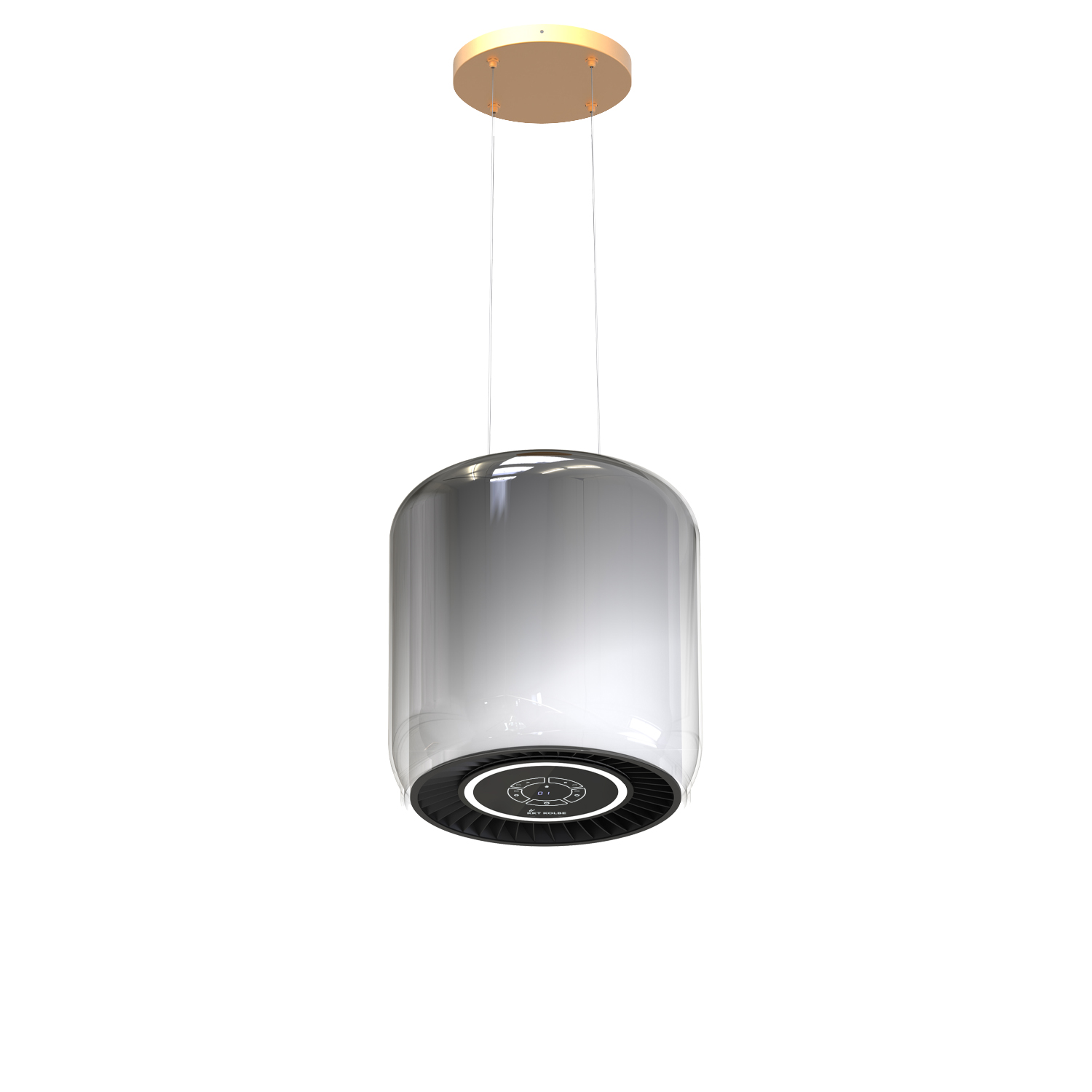 Hängende Küchenlüftungshaube mit zylindrischem Glaskörper, goldenen Akzenten und schwarzem Gitter.