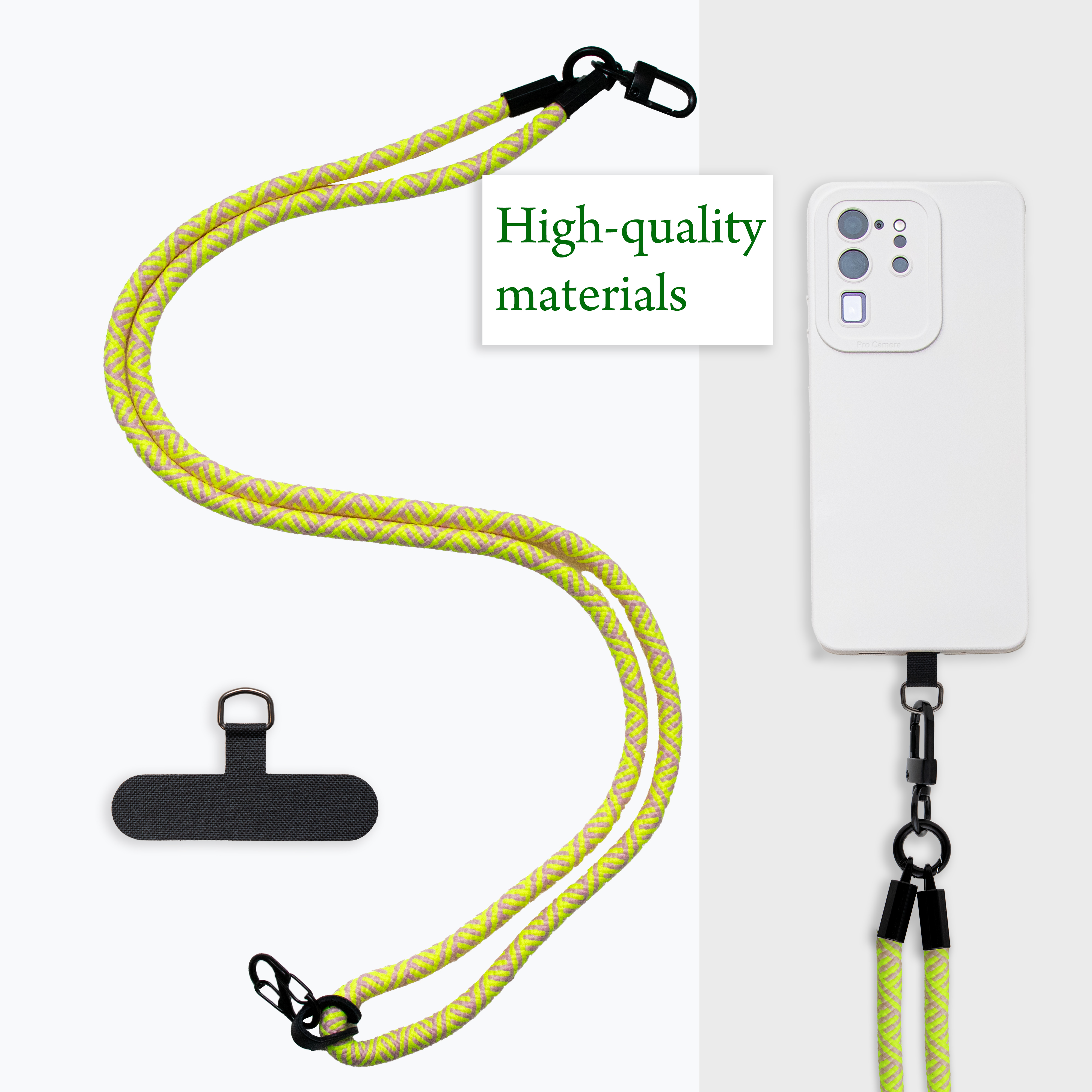 Gelbes Telefon-Lanyard mit weißem Telefon. Schwarze Clips und ein schwarzer Telefonhalter.