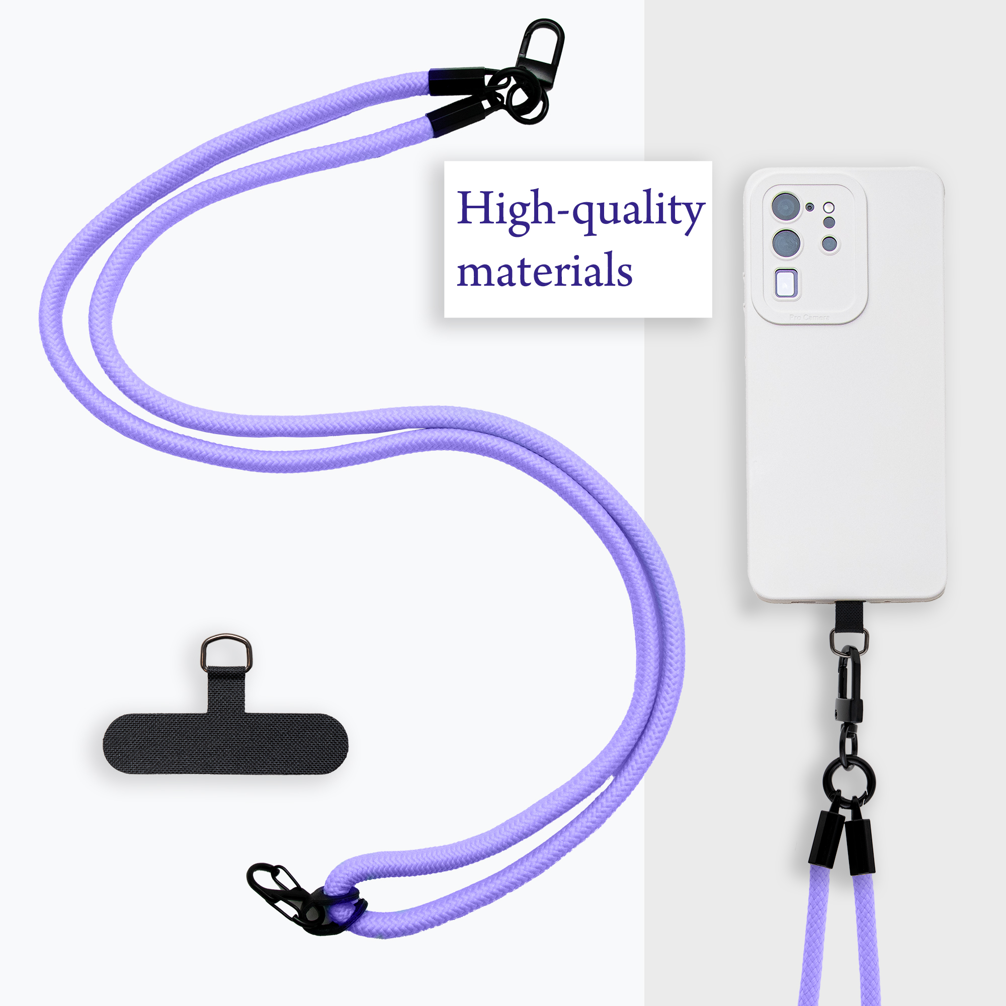 Lila Telefon-Lanyard mit weißem Telefon. Schwarze Clips und ein schwarzer Telefonhalter.
