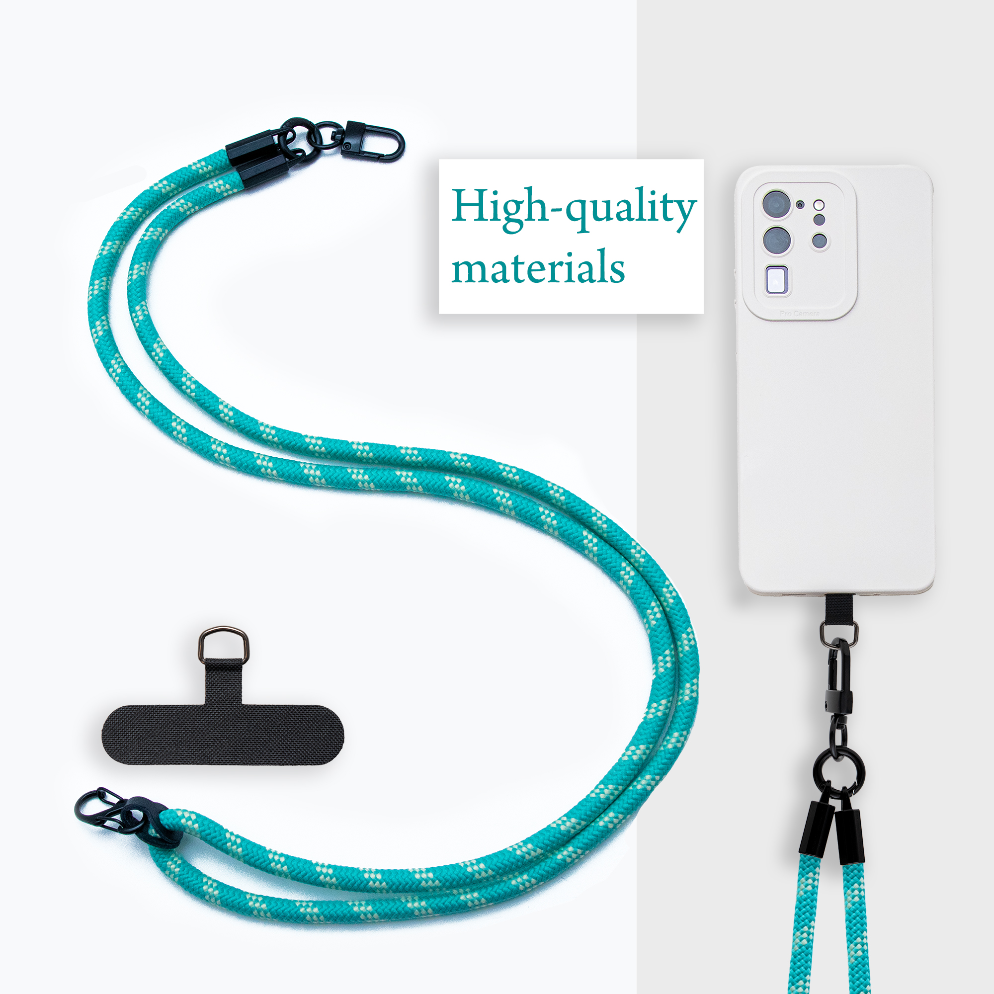Türkisfarbenes Telefon-Lanyard mit weißem Telefon. Schwarze Clips und schwarzer Halter.