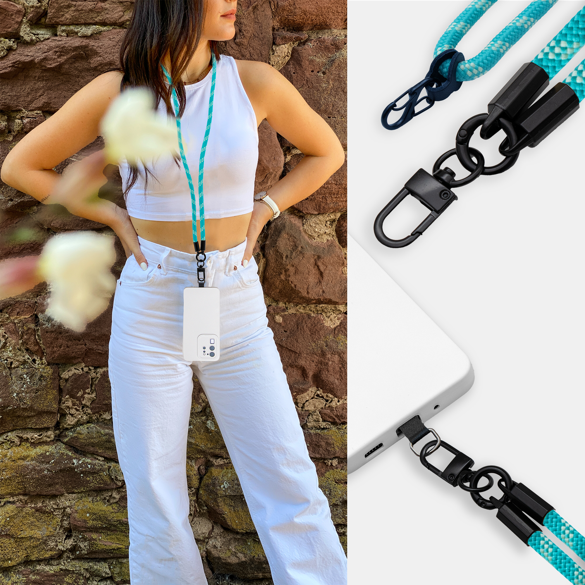 Frau mit türkis Lanyard und weißem Telefon. Nahaufnahmen von Clips und Telefonanschluss.