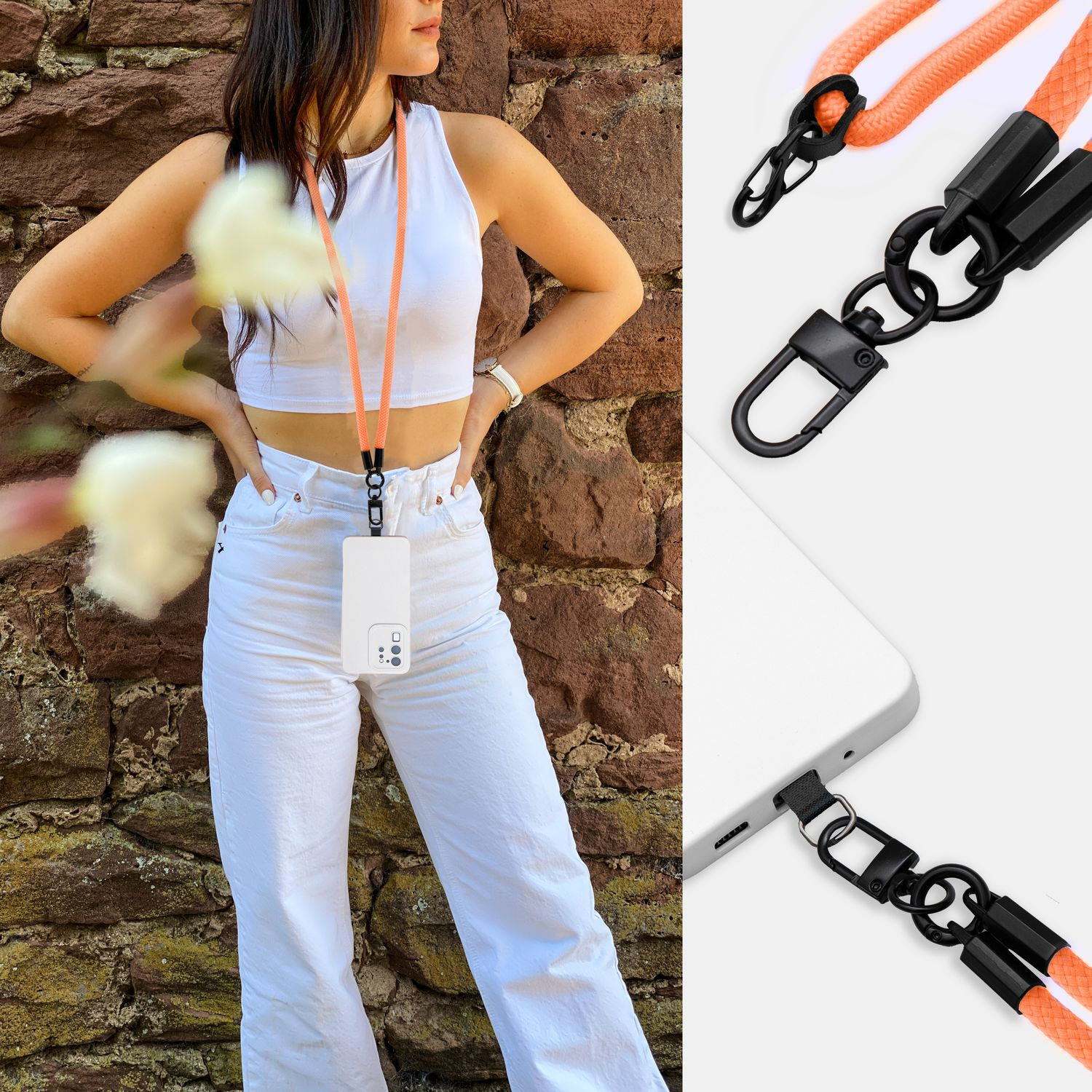 Frau mit orangefarbenem Lanyard und weißem Telefon. Nahaufnahmen von Clips und Anschluss.