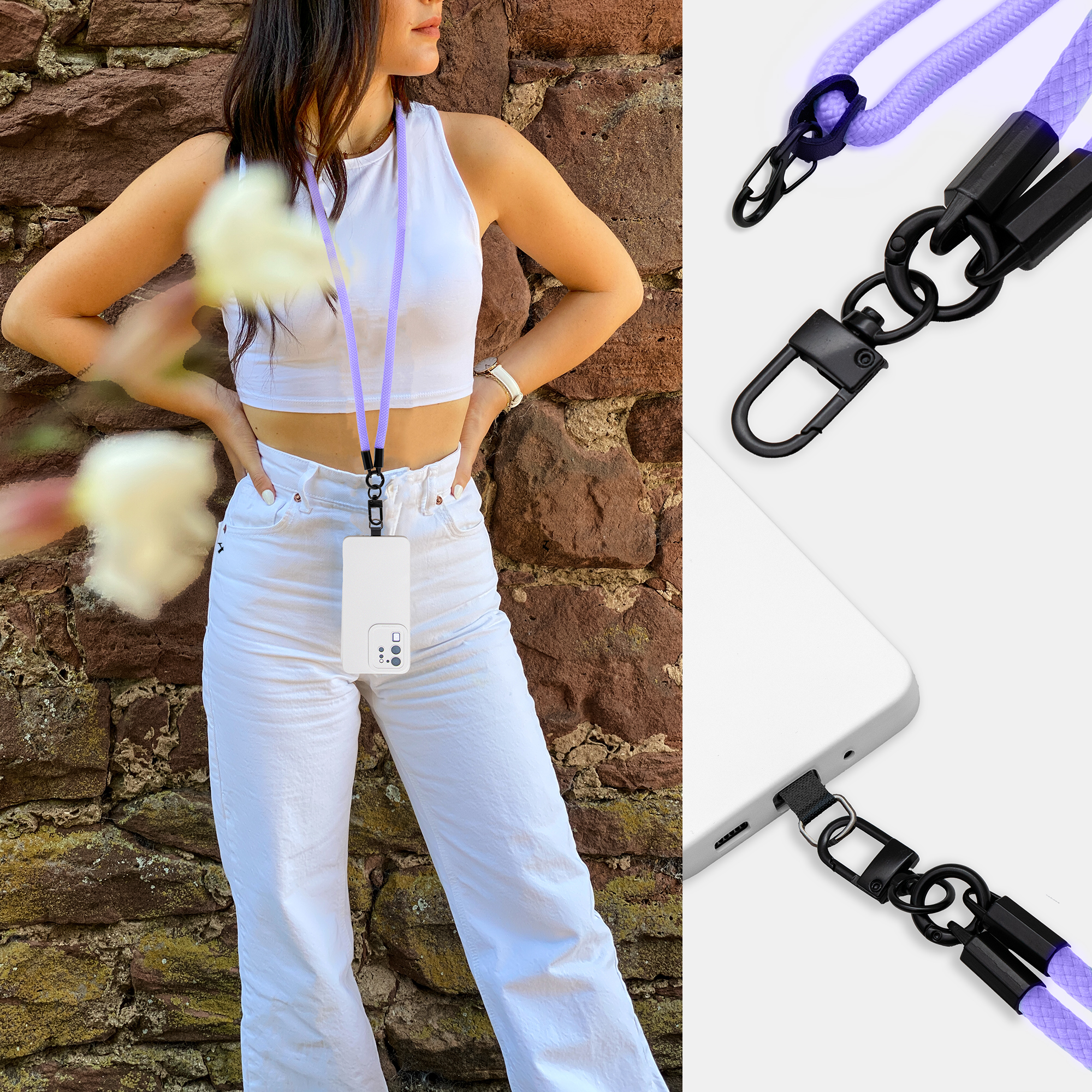 Frau mit lila Lanyard und weißem Telefon. Nahaufnahmen von Clips und Telefonanschluss.